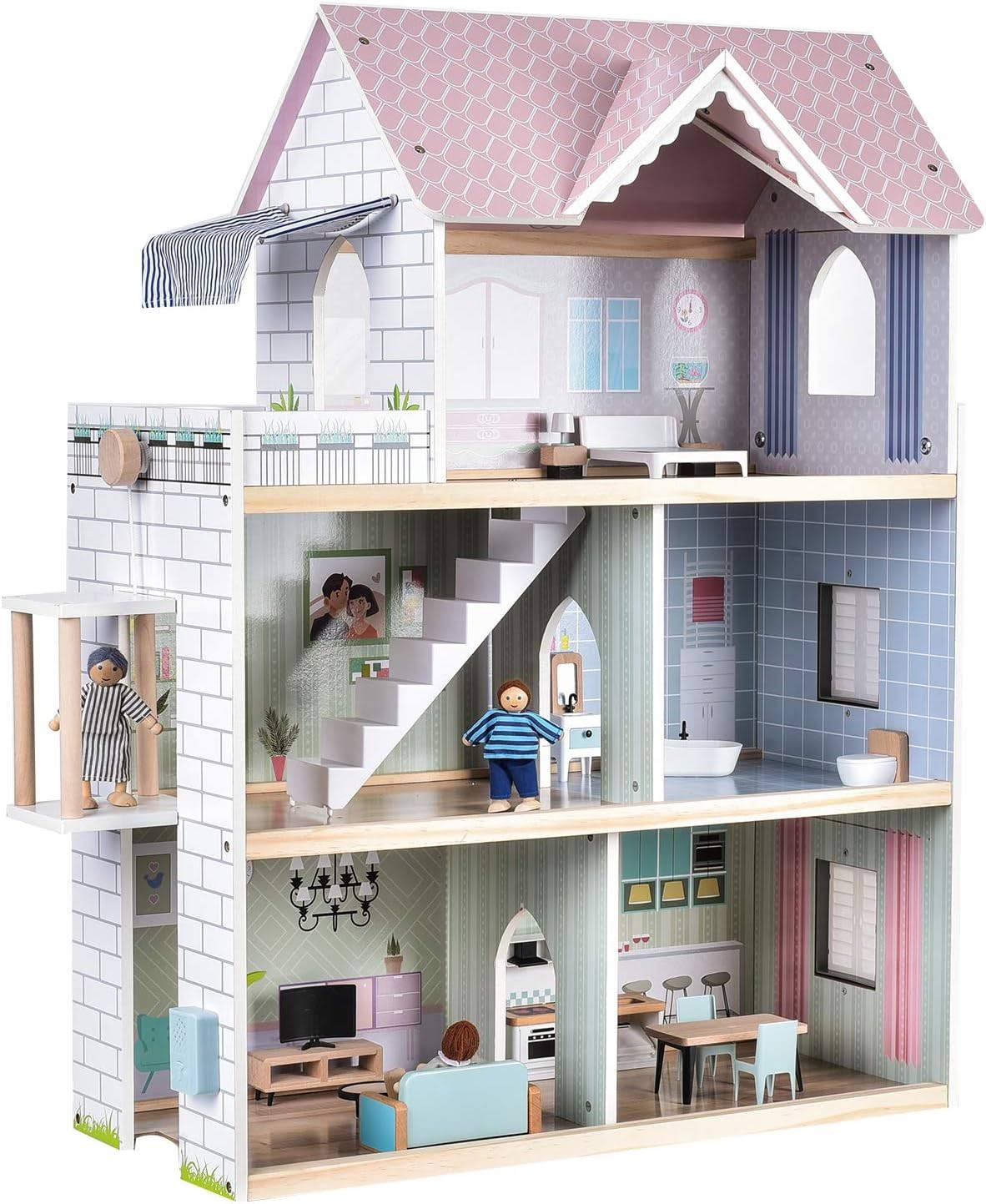 Giant bean Wooden Dollhouse 2.6 feet High with Elevator, Doorbell, Light,15 Pieces Furnitures and 3 Dolls, Toy Gift for Girls Ages 3-7+
