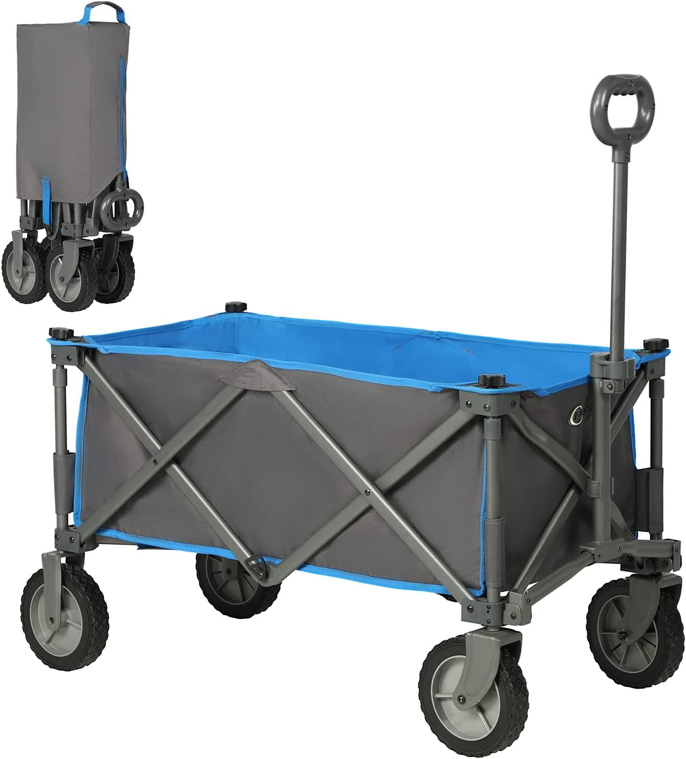 PORTAL Collapsible Folding Utility Wagon Cart Heavy Duty Foldable Outdoor Garden Camping Cart with Removable Fabric, Grey/Blue