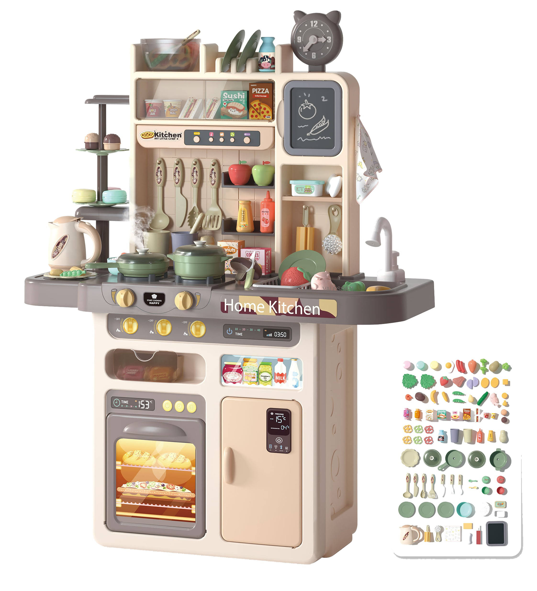 Kitchen Set for Kids, Big Modern Kitchen set 87 pcs Pretend Play Cook with Sink, Light, Sound, Cutting Food, Steam and Water Features, by VALESSATI