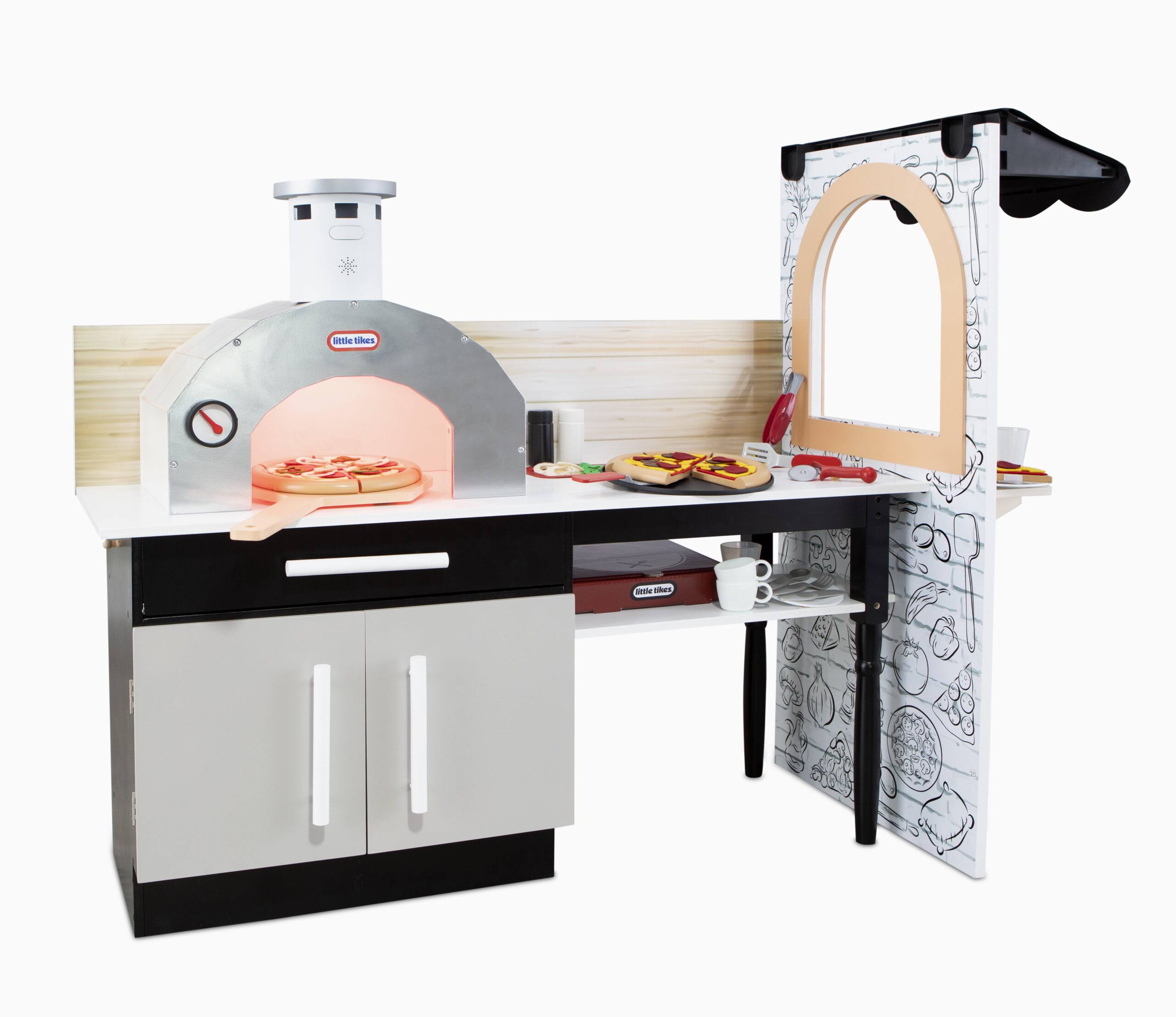 Real Wood Pizza Restaurant 20-Piece Wooden Pretend Play Kitchen Toys Playset, Realistic Lights   Sounds, Dual Sided Play, White and Gray- For Kids Girls Boys Ages 3 4 5+