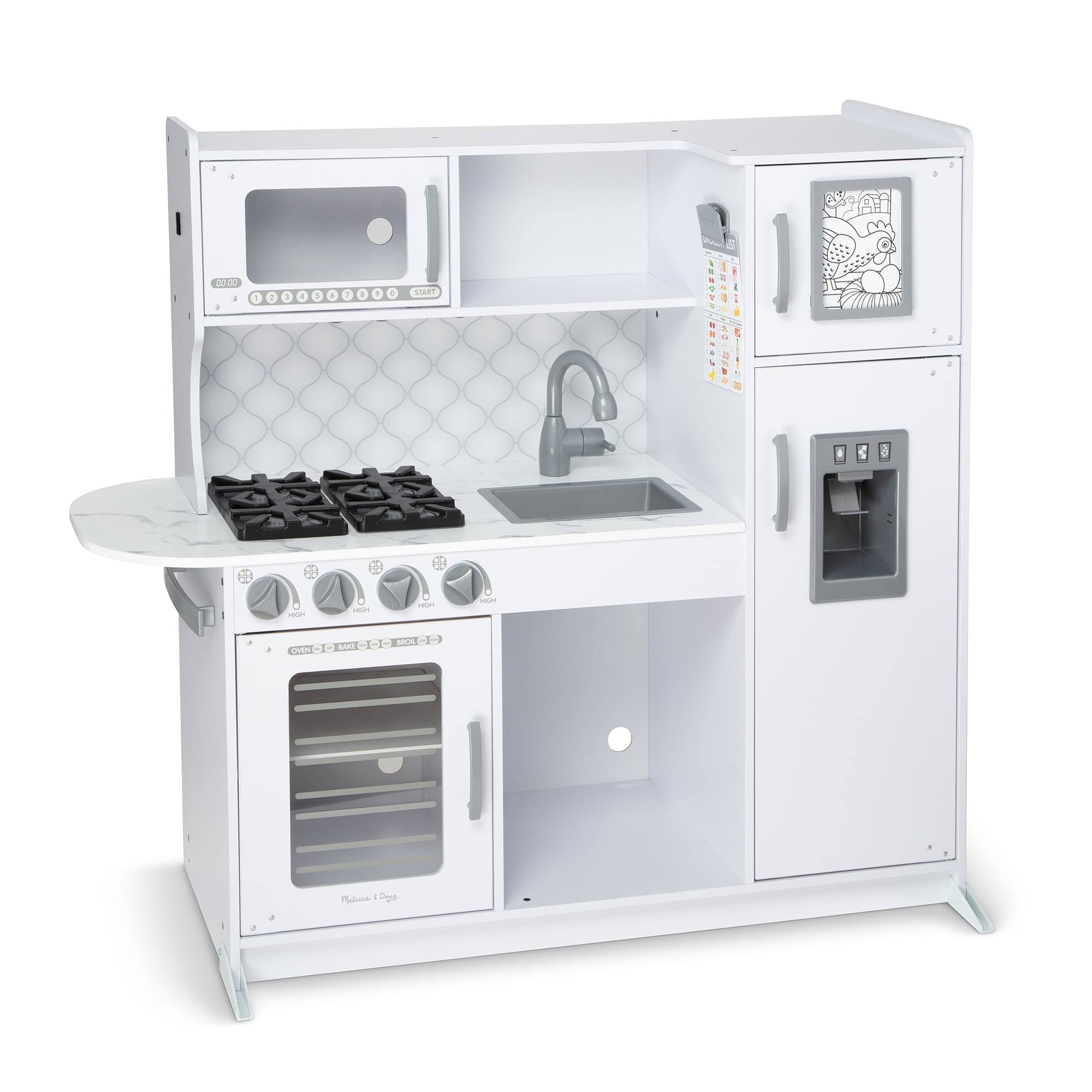 Melissa   Doug Wooden Chef’s Pretend Play Toy Kitchen With “Ice” Cube Dispenser – Cloud White   FSC-Certified Materials