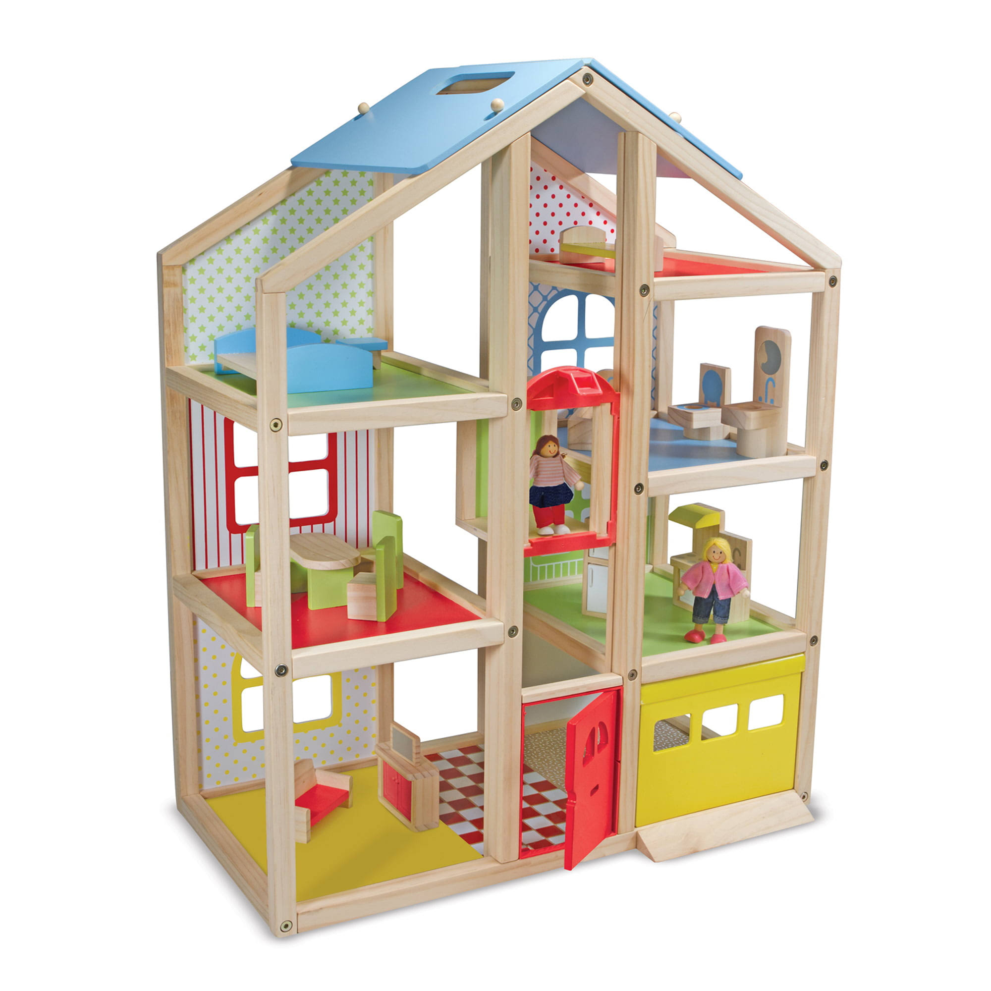 Melissa   Doug Wooden Hi-Rise Dollhouse With 15 Furniture Pieces, Garage, Working Elevator