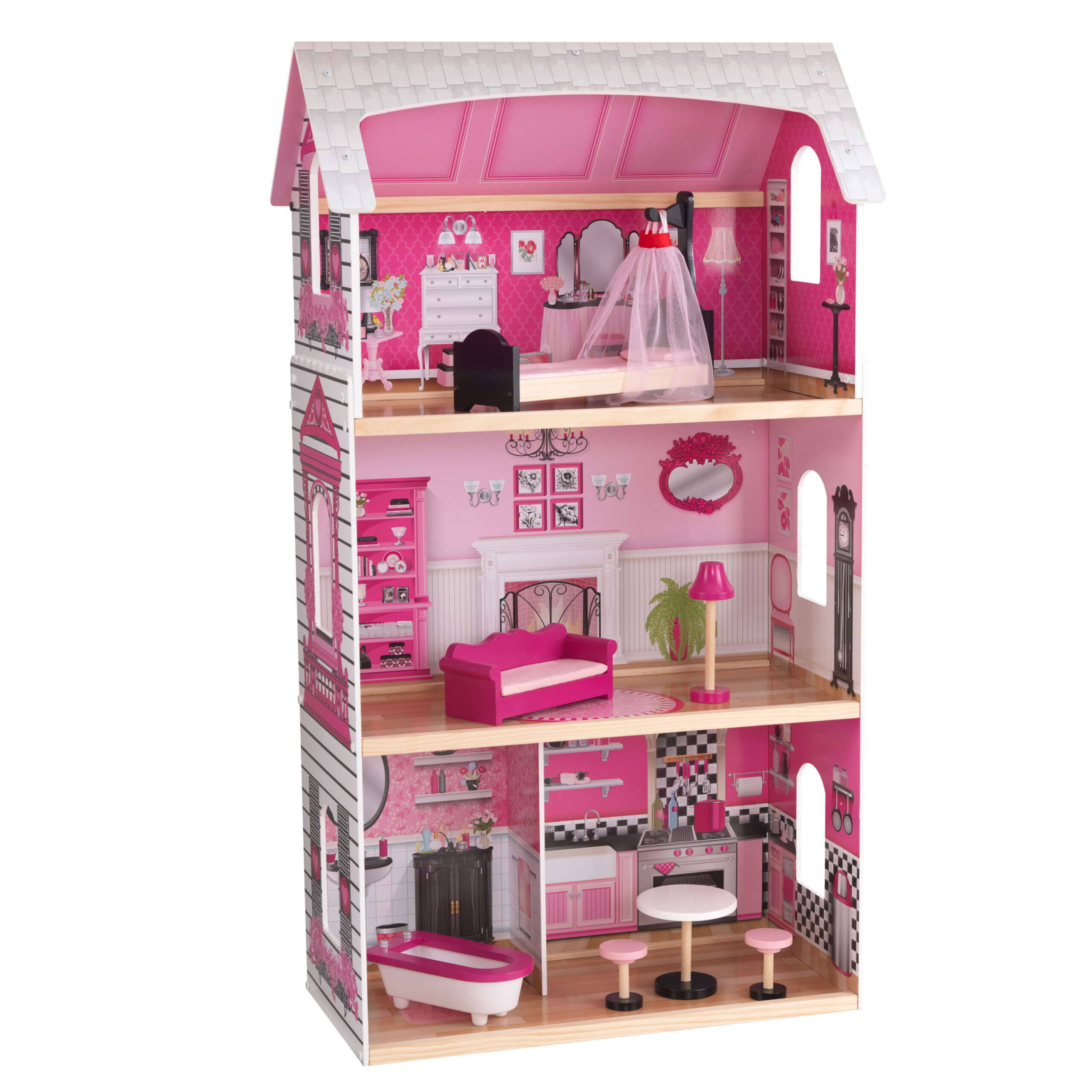 Bonita Rose Wood Dollhouse, over 3 feet Tall, with 7 Pieces, for 12-inch Dolls