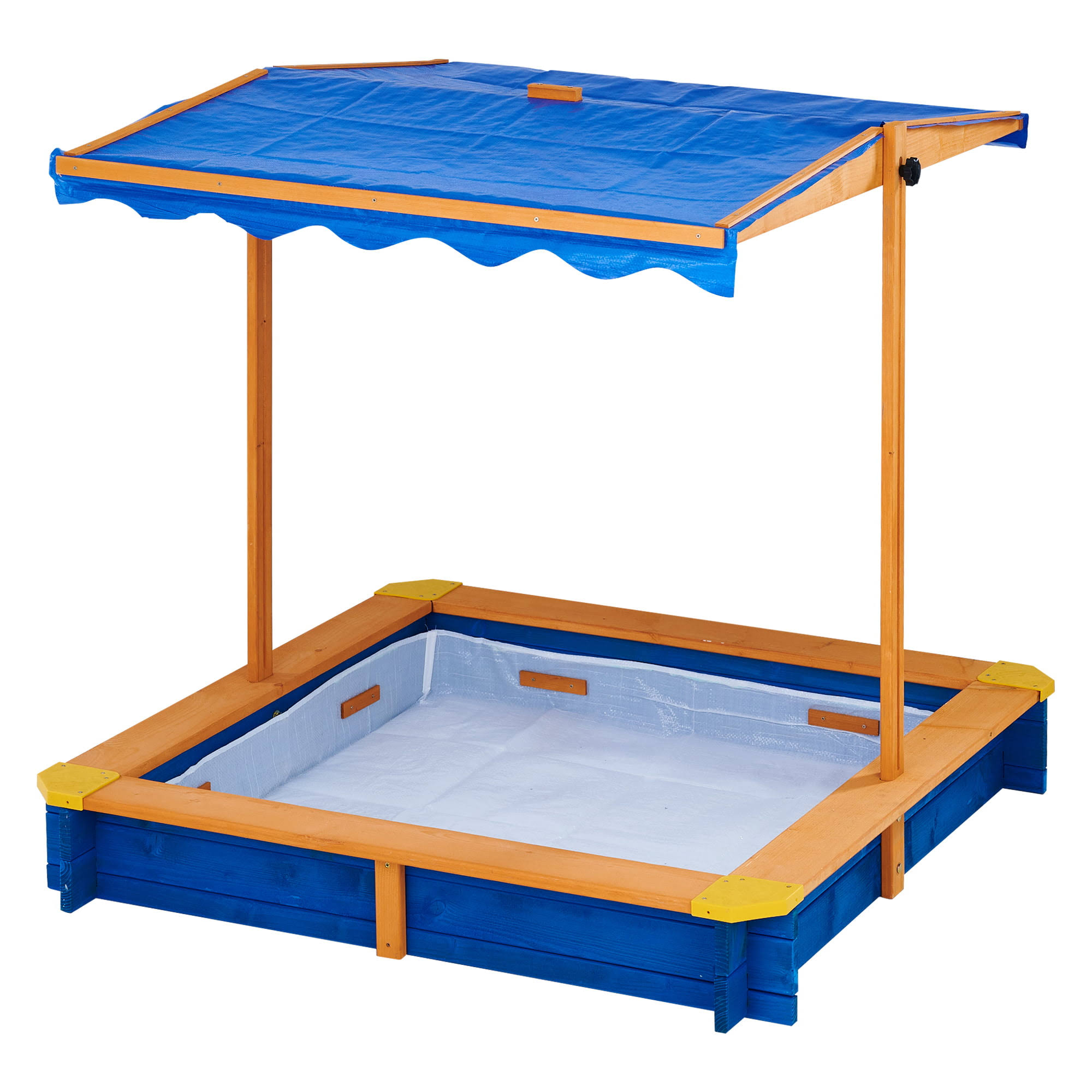 Kids 4  Square Solid Wood Sandbox with Rotatable Canopy Cover, Honey/Blue