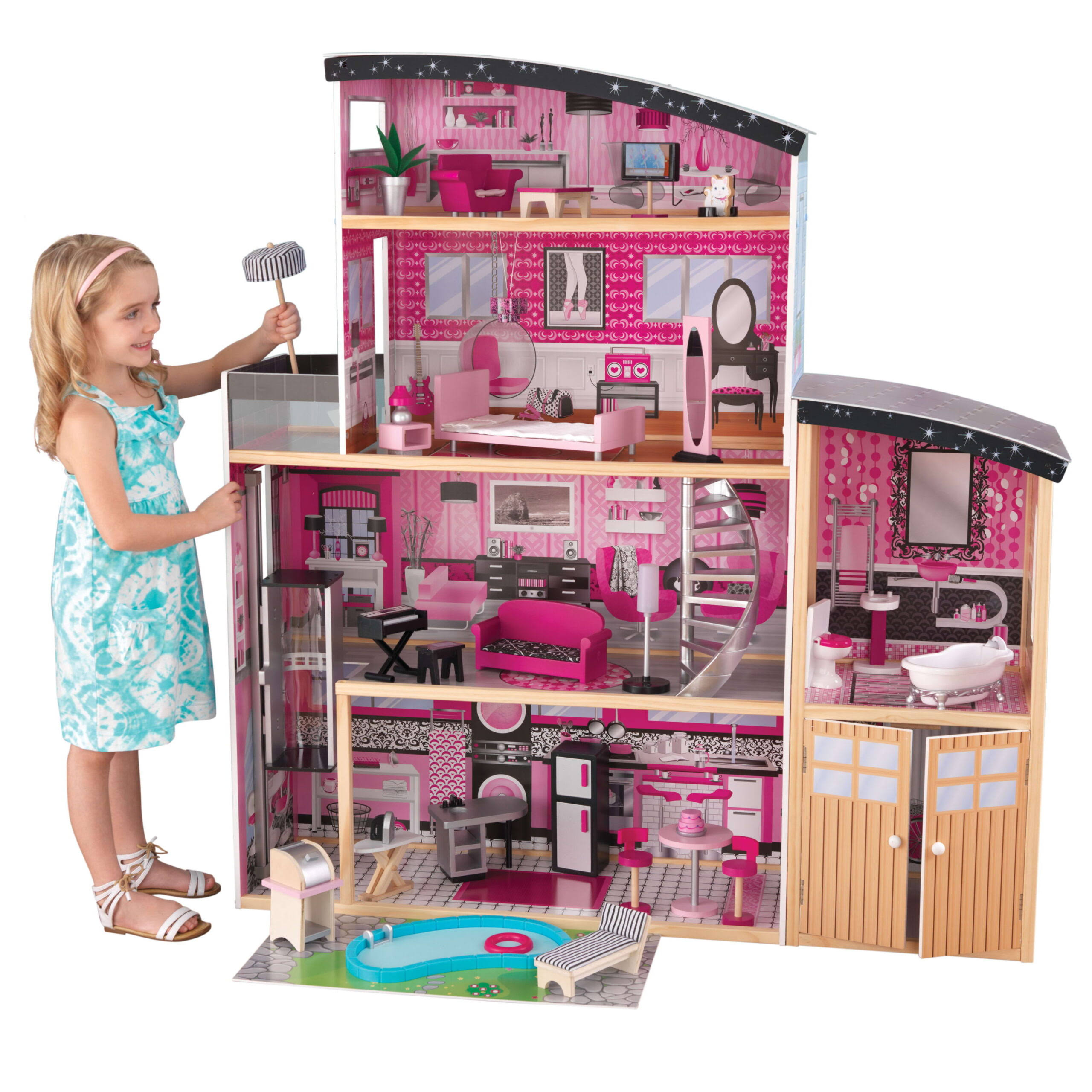 Sparkle Mansion Wooden Dollhouse with Lights   Sounds and 30 Accessories, Pink