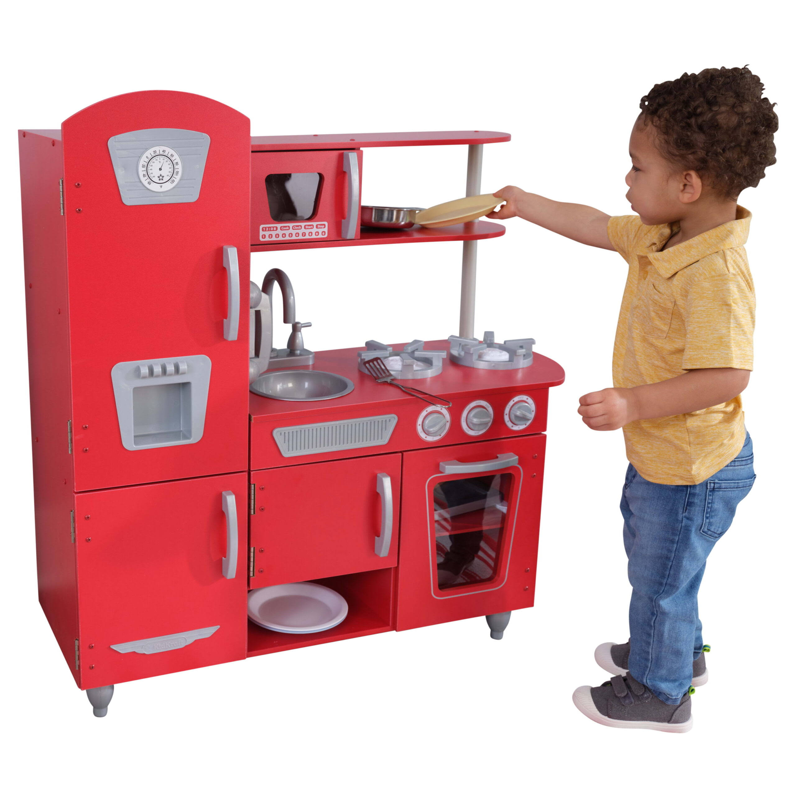 Red Vintage Wooden Play Kitchen with Stainless Steel-Look Trim, Play Phone