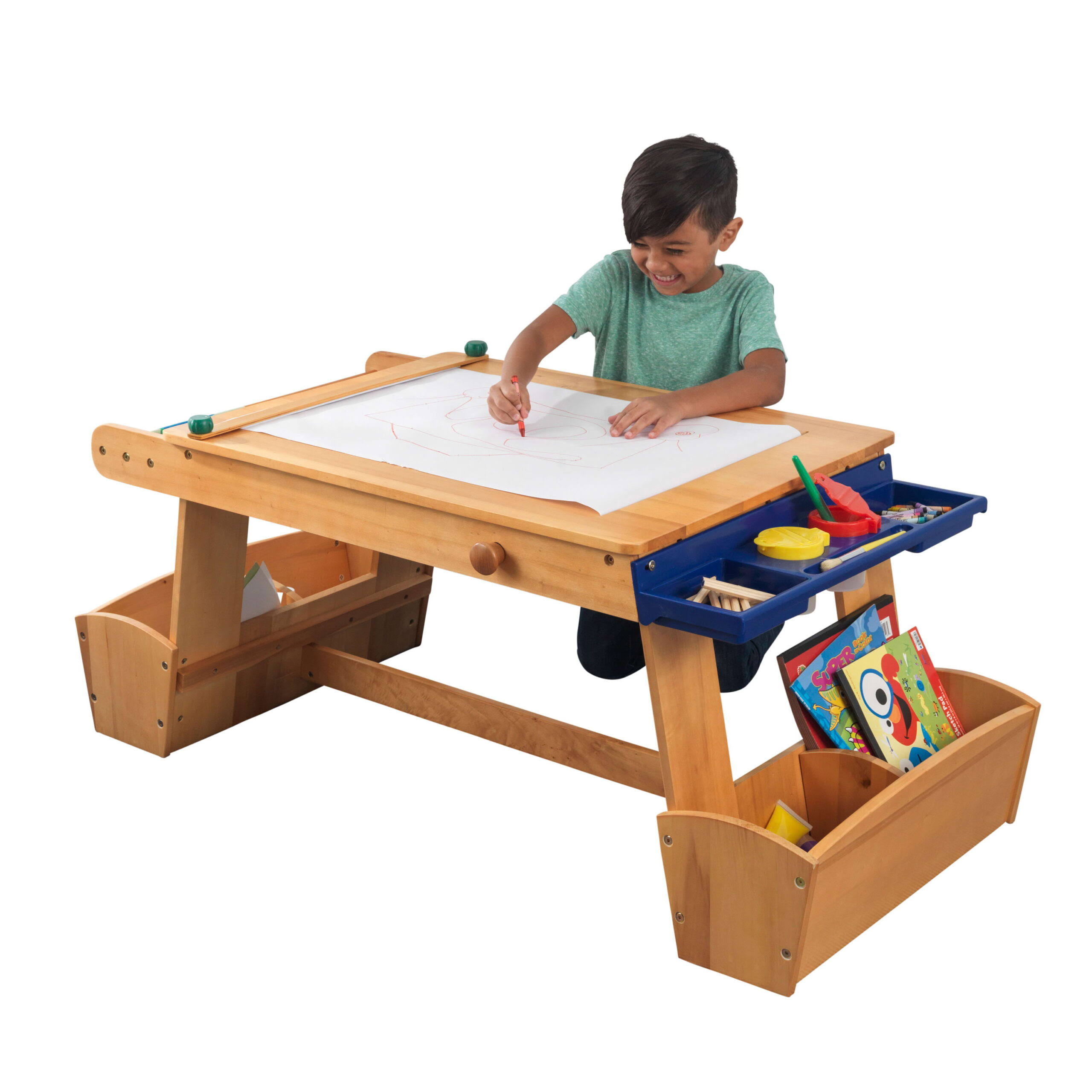 Wooden Art Table with Drying Rack   Storage Bins, Natural