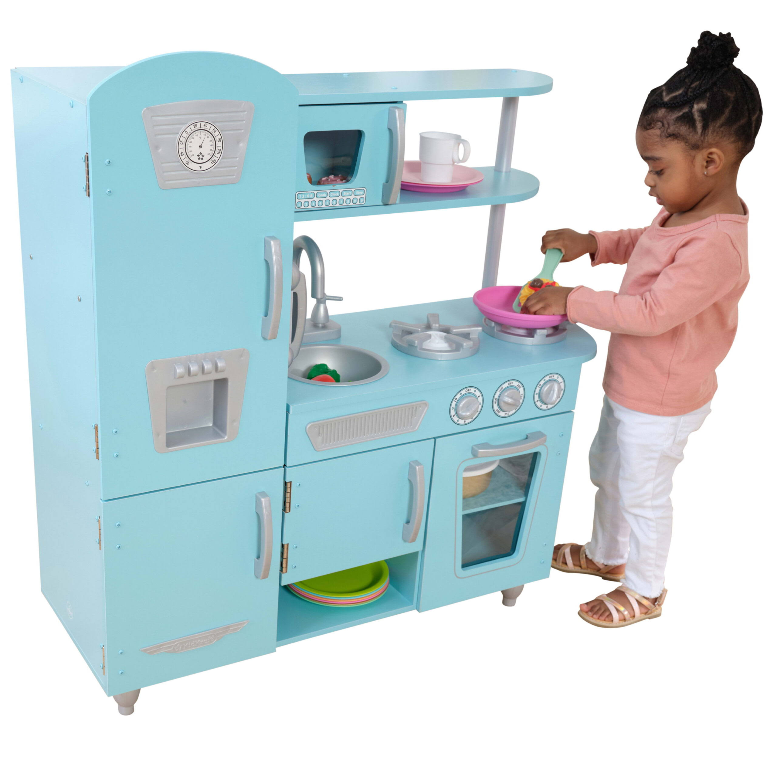 Vintage Wooden Play Kitchen with Pretend Ice Maker and Play Phone    Blue