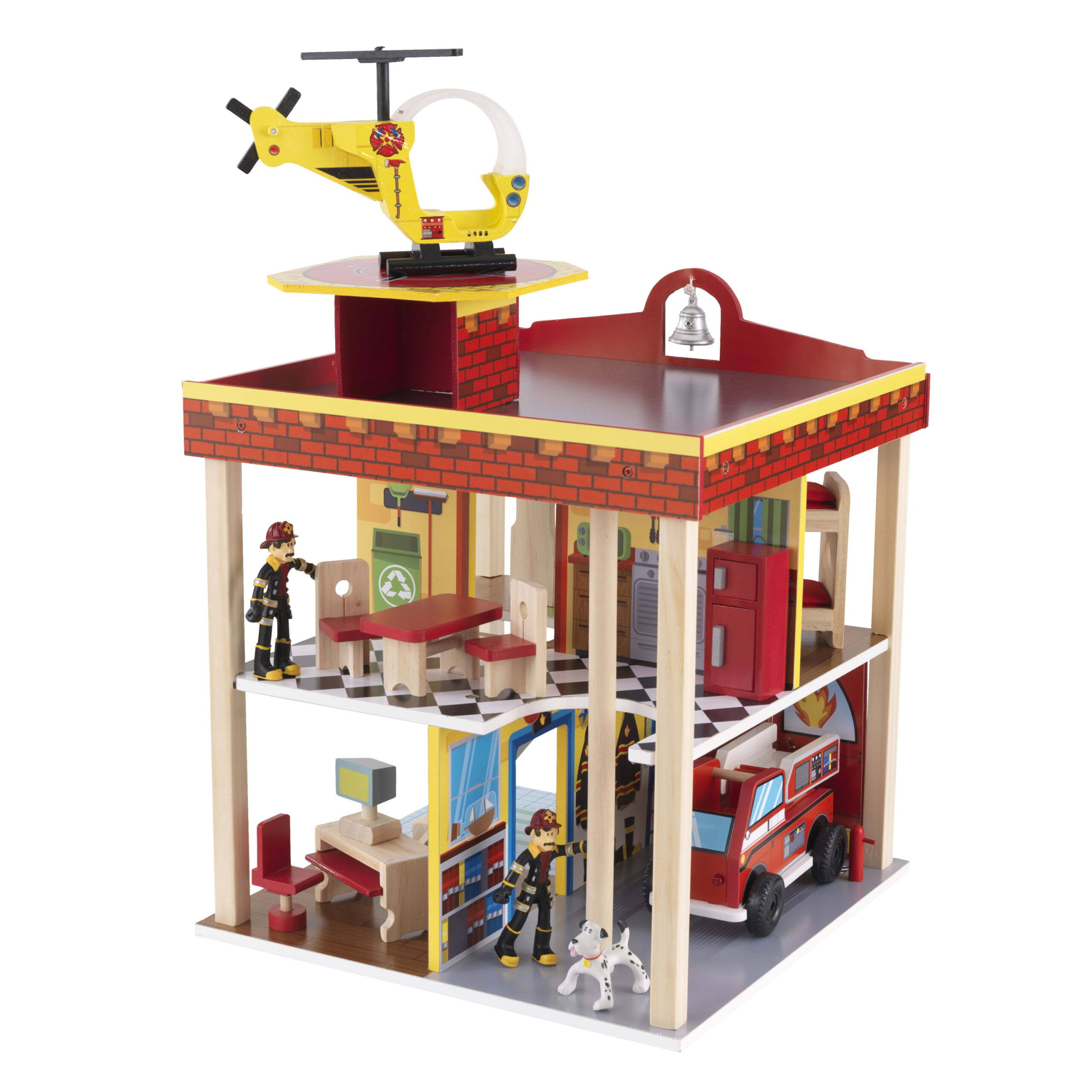 Wooden Fire Station Set, 360 Degree Play, Working Garage Doors   Bendable Figures