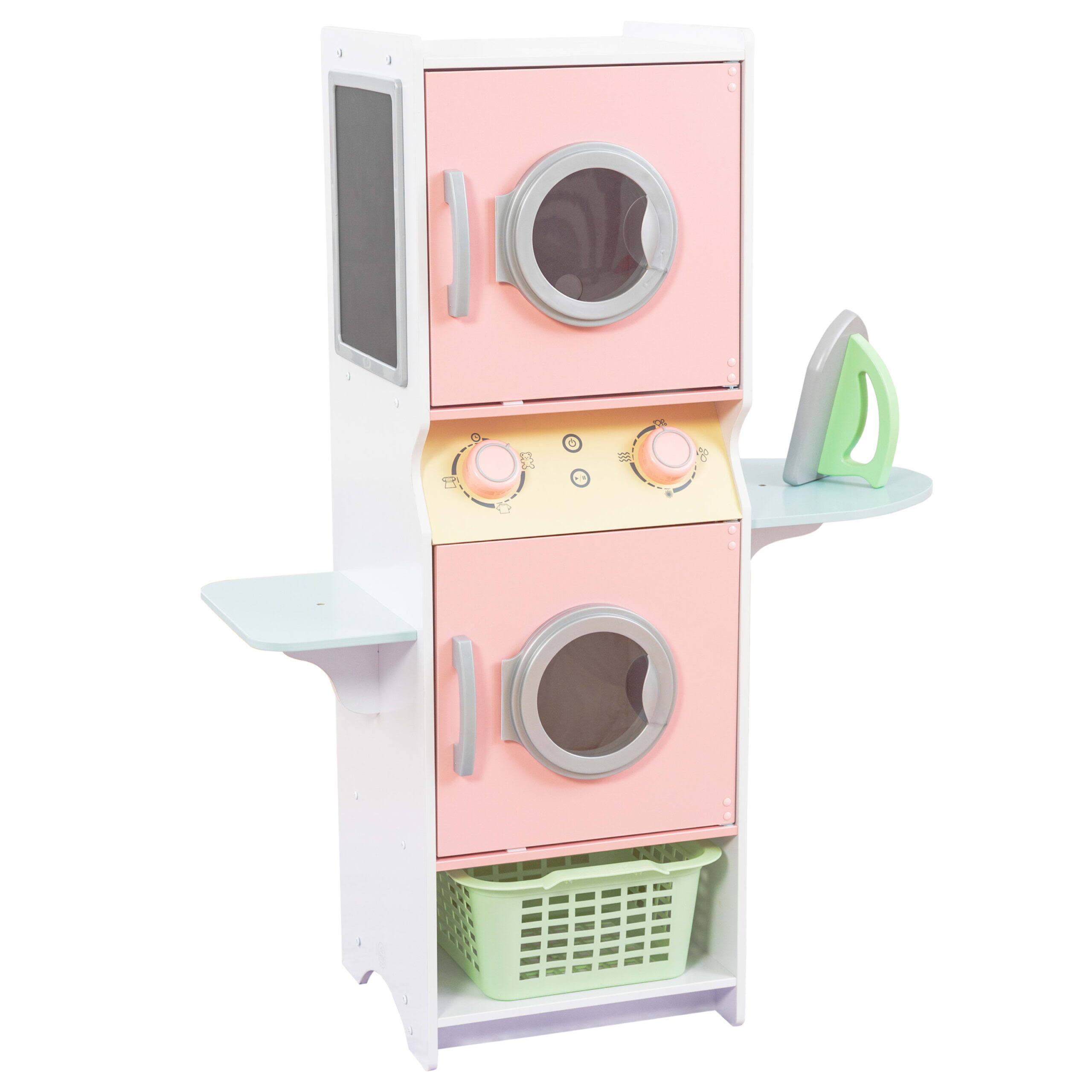 Laundry Playset, Wooden Stacking Washer and Dryer with Iron and Basket, Pastel