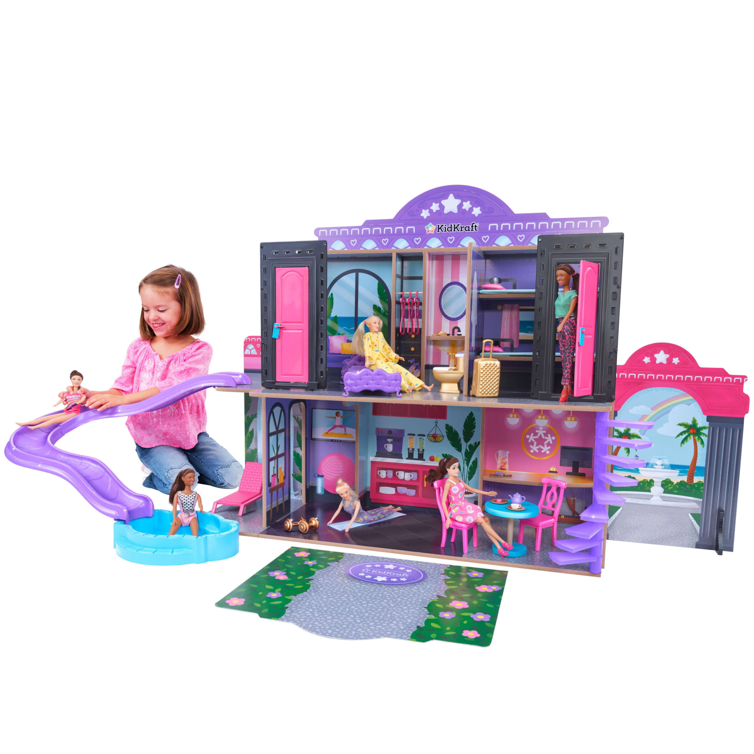 2-in-1 Wooden Hotel   Waterslide Dollhouse with 32 Accessories
