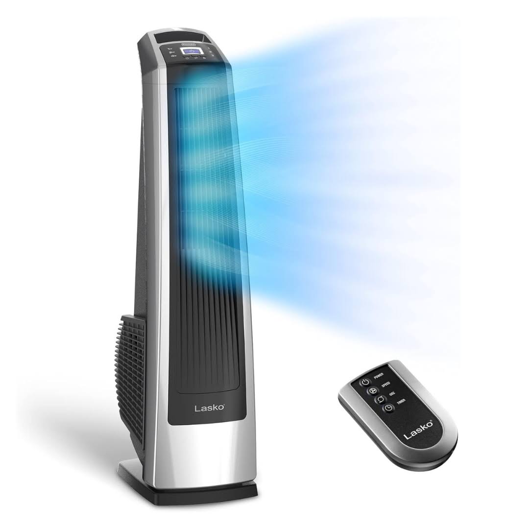 U35115 Oscillating High Velocity Tower Fan, Remote Control, Timer, 3 Powerful Speeds, 35 , Silver and Black