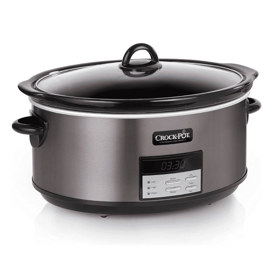 Crock-Pot Large 8 Quart Programmable Slow Cooker with Auto Warm Setting and Cookbook, Black Stainless Steel