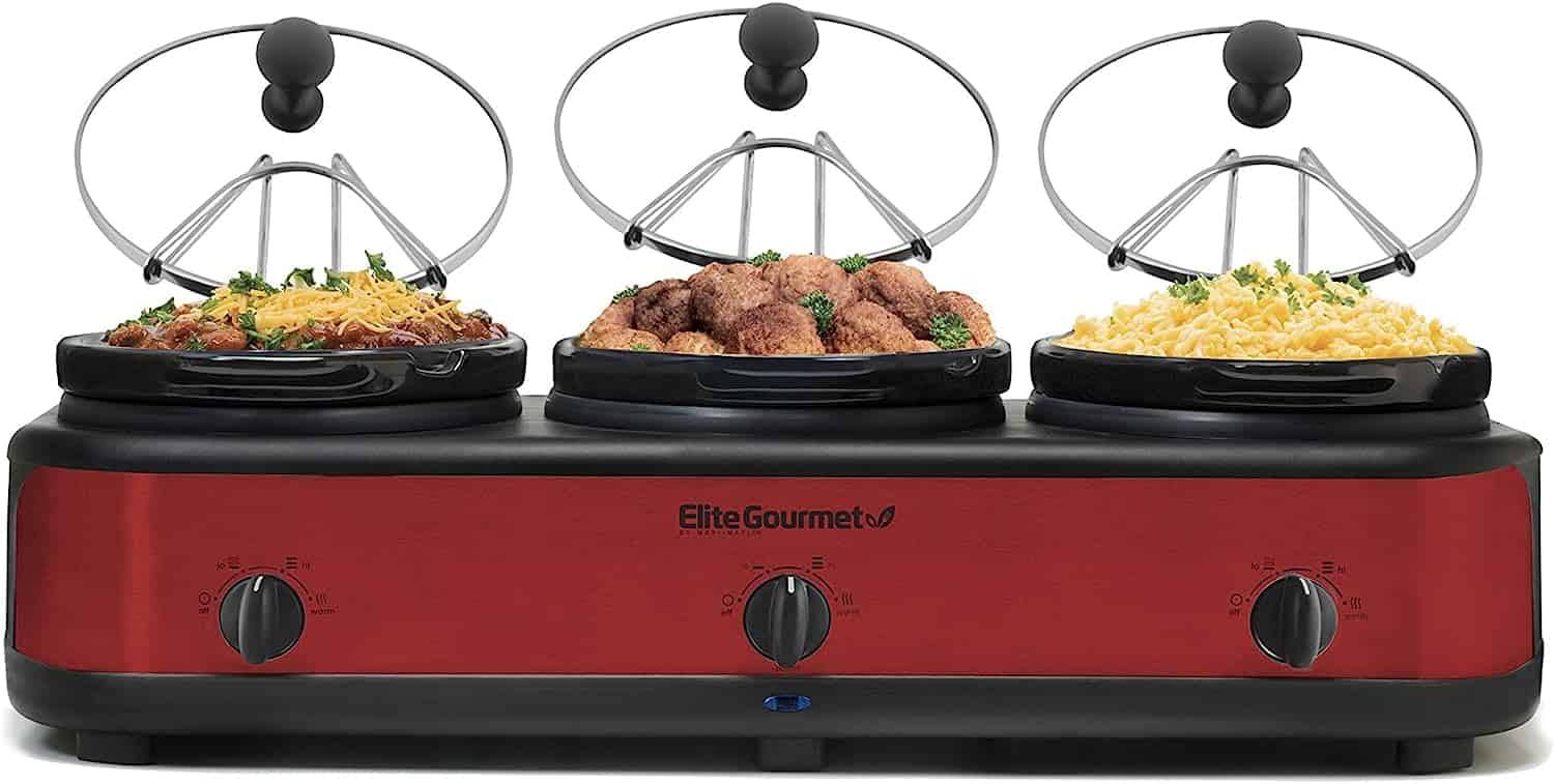 Elite Platinum EWMST-325R Maxi-Matic Triple Slow Cooker Buffet Server Adjustable Temp, Lid Rests, 3 x 2.5 Qt Capacity, Red