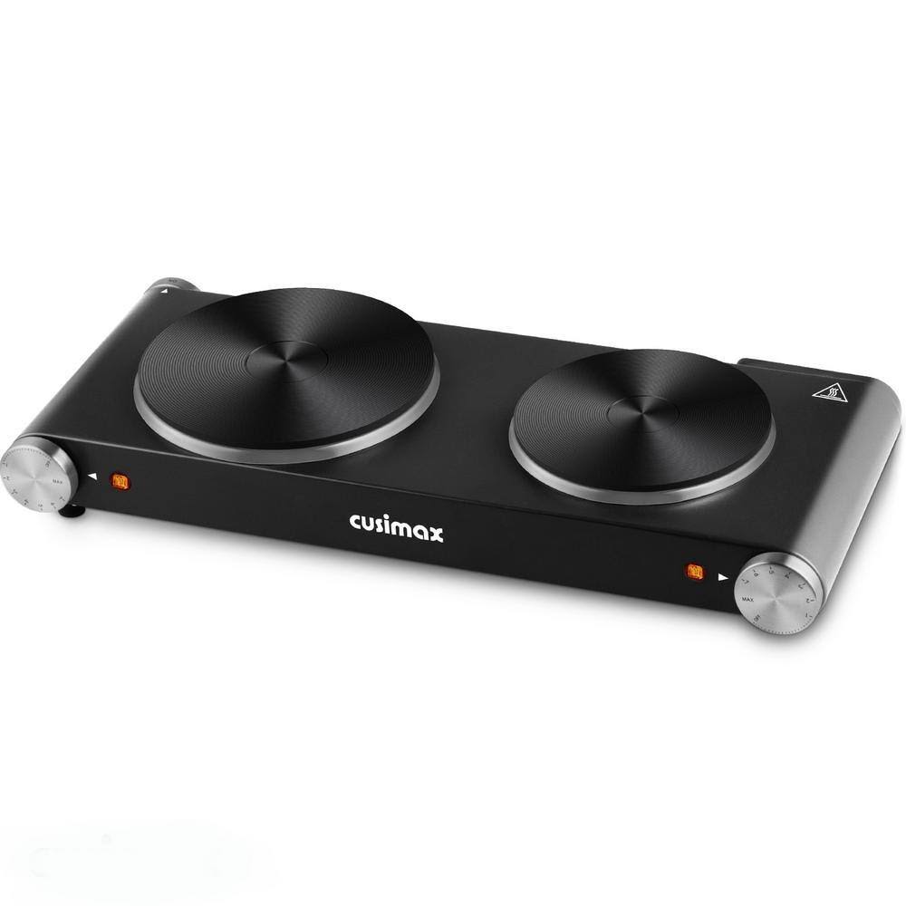 JEREMY CASS Double Cast Iron Burner 7.4 in. and 6.1 in. Stainless Steel Hot Plate in Black with 7-Gear Temperature Controls