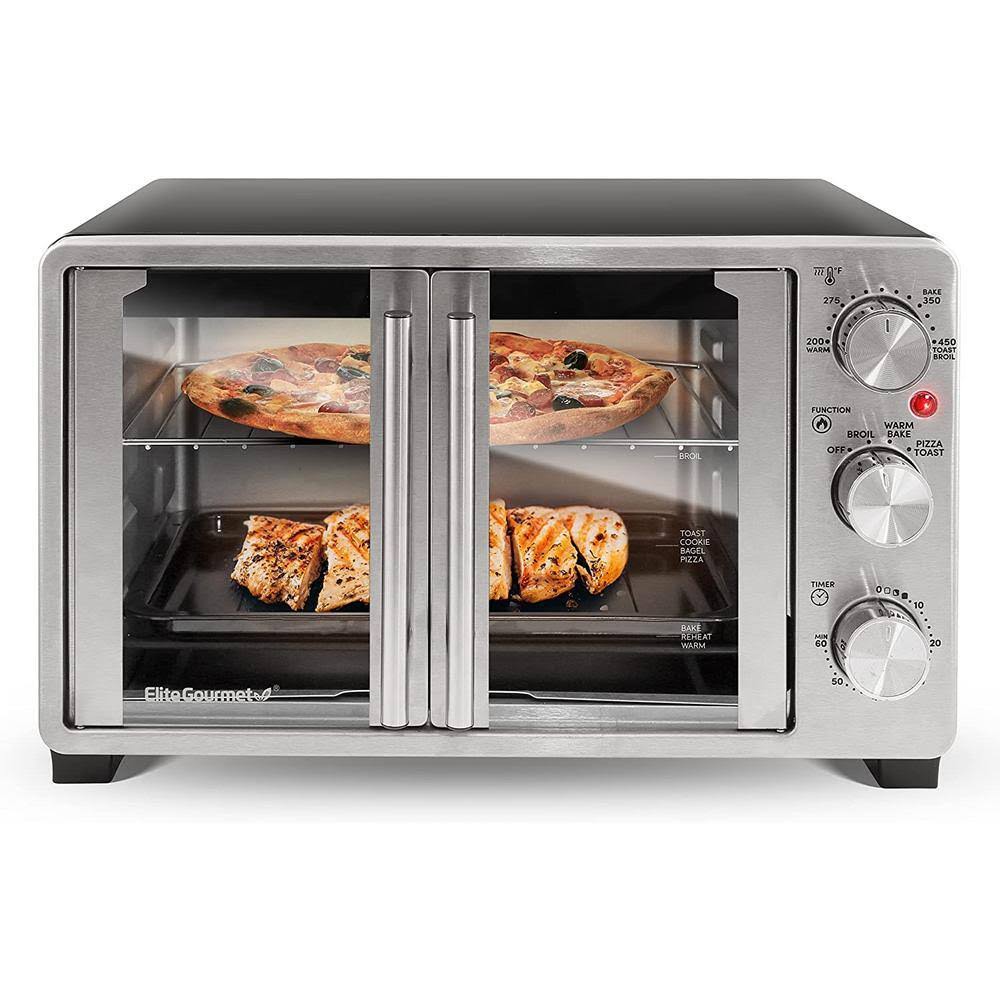 Elite Gourmet ETO2530M Double French Door Toaster Oven fits 12  Pizza, Stainless Steel