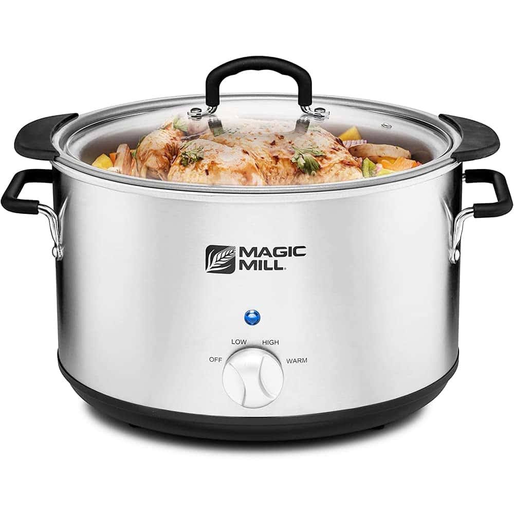 Magic Mill Extra Large 10 Quart Slow Cooker With Metal Searing Pot   Transparent Tempered Glass Lid Multipurpose Lightweight Slow Cookers