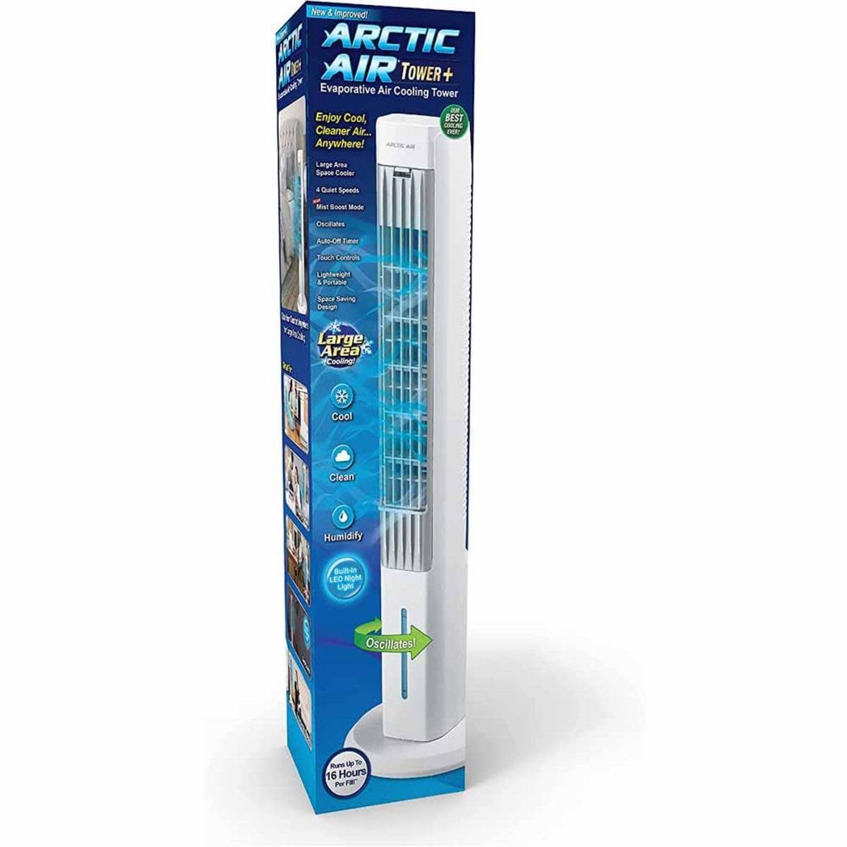 Arctic Air Tower+ Indoor Evaporative Cooler with Oscillating and Quiet Fan Function, White