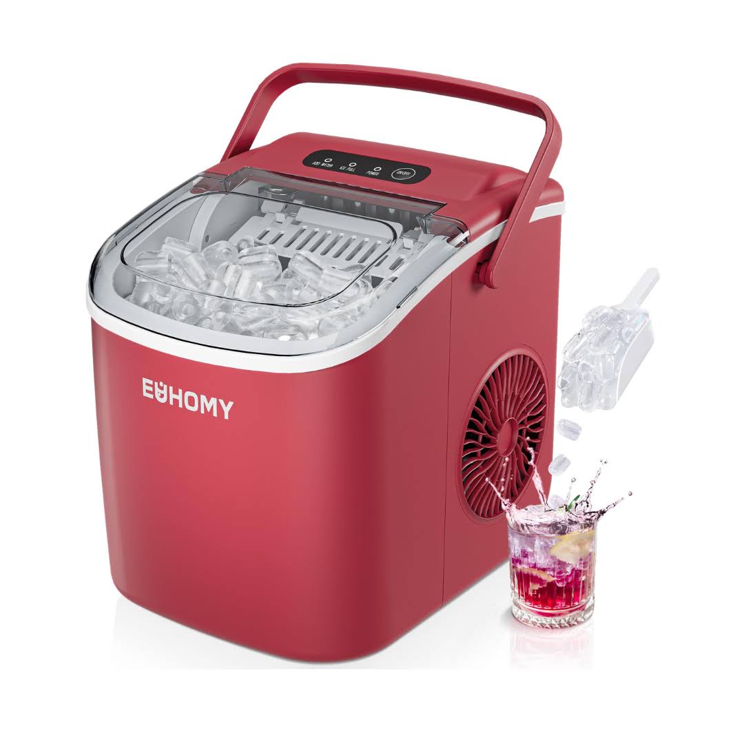 EUHOMY Countertop Ice Maker Machine with Handle, 26lbs in 24Hrs, Red