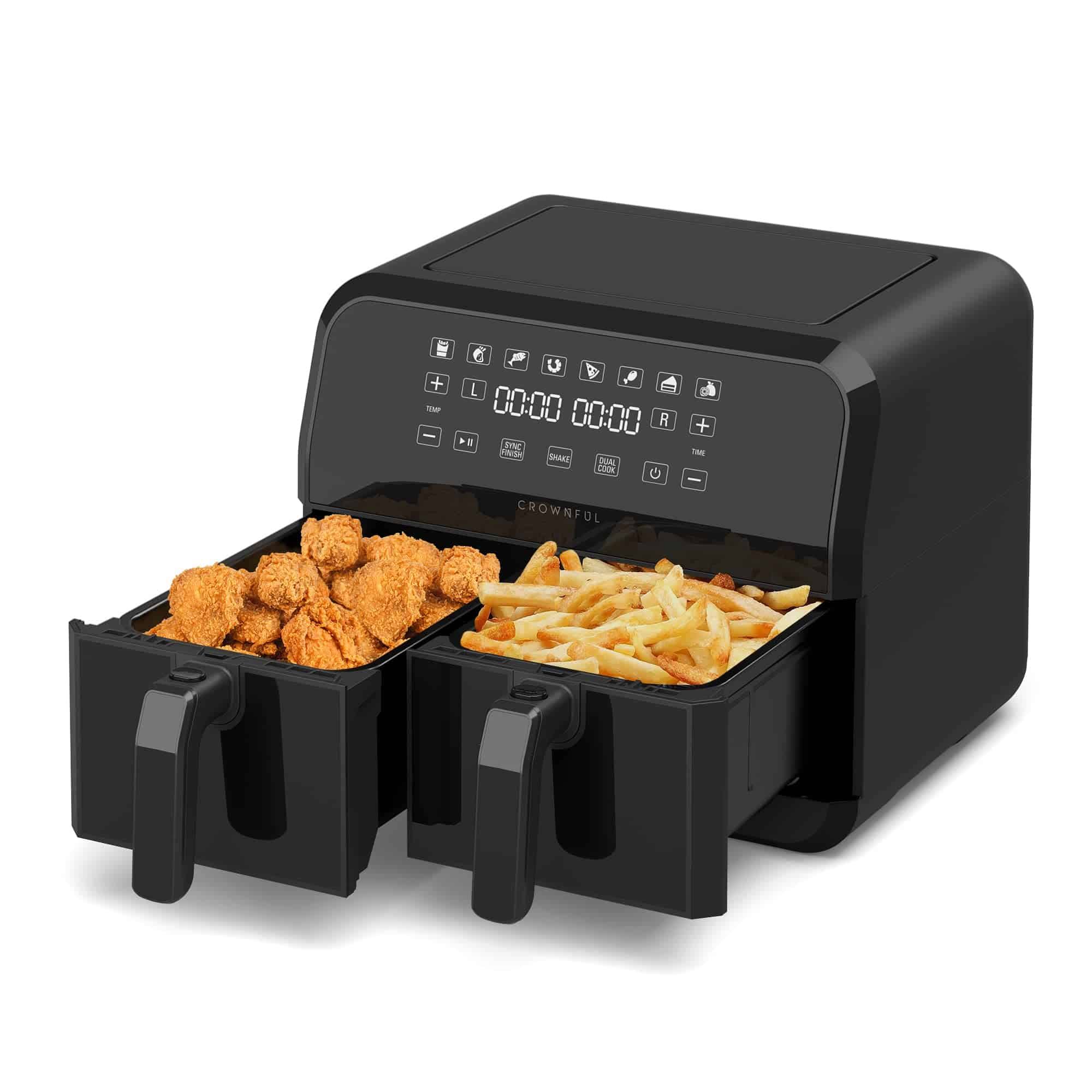 CROWNFUL 8 Quart Air Fryer, 8 in 1 Dual Basket with Independent Temperature Control(50+ Recipes), 1700W, Black