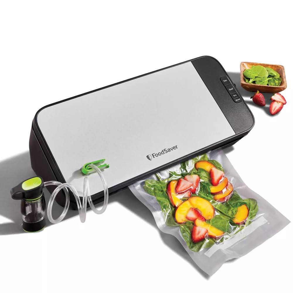 FoodSaver Select Vacuum Sealer with Dry/Moist Modes, Roll Storage and Cutter Bar, and Bags and Roll Starter Kit   Silver