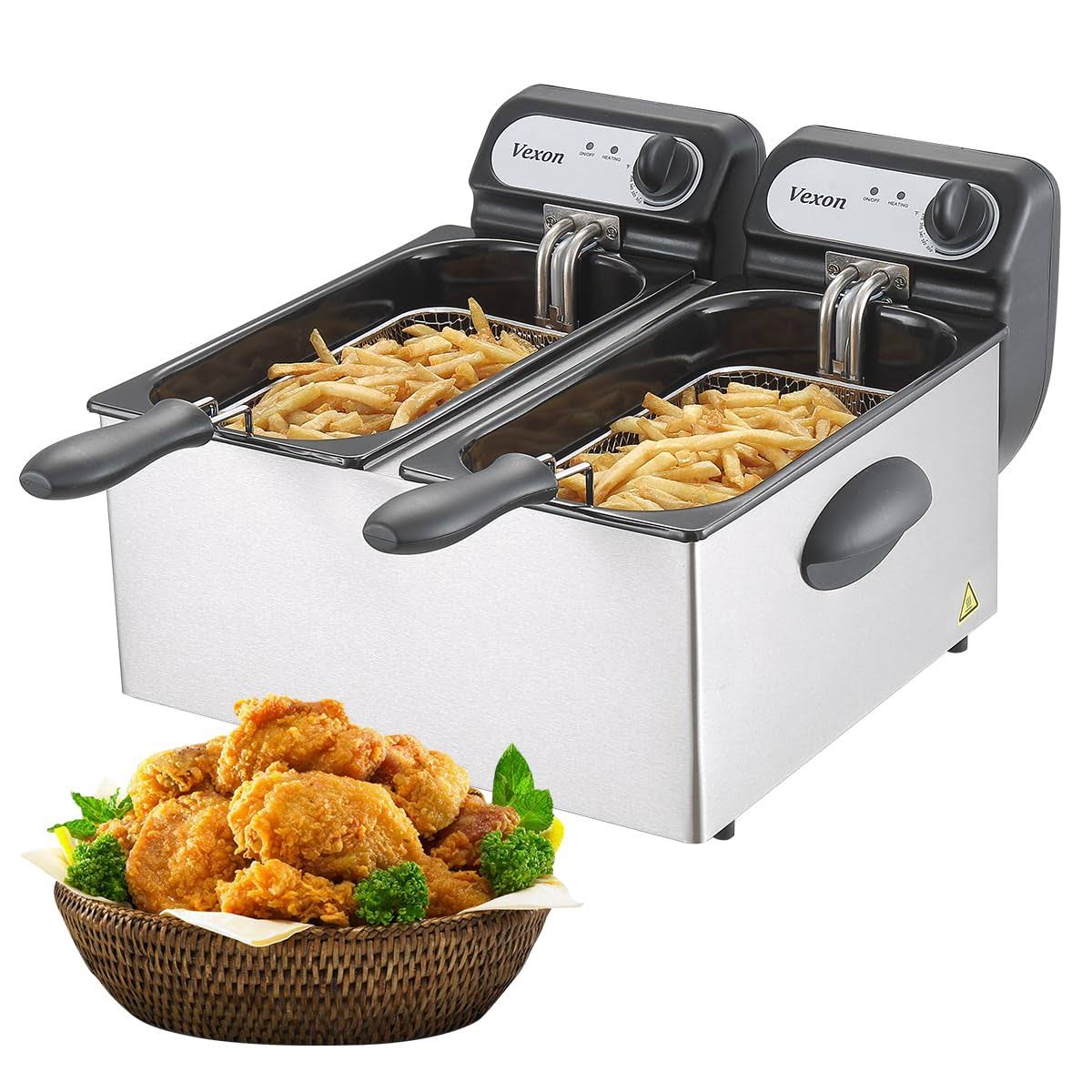 Vexon 3000W Electric Commercial Deep Fryer With Baskets   Lids, 2x3L Stainless Steel Double Deep Fryer