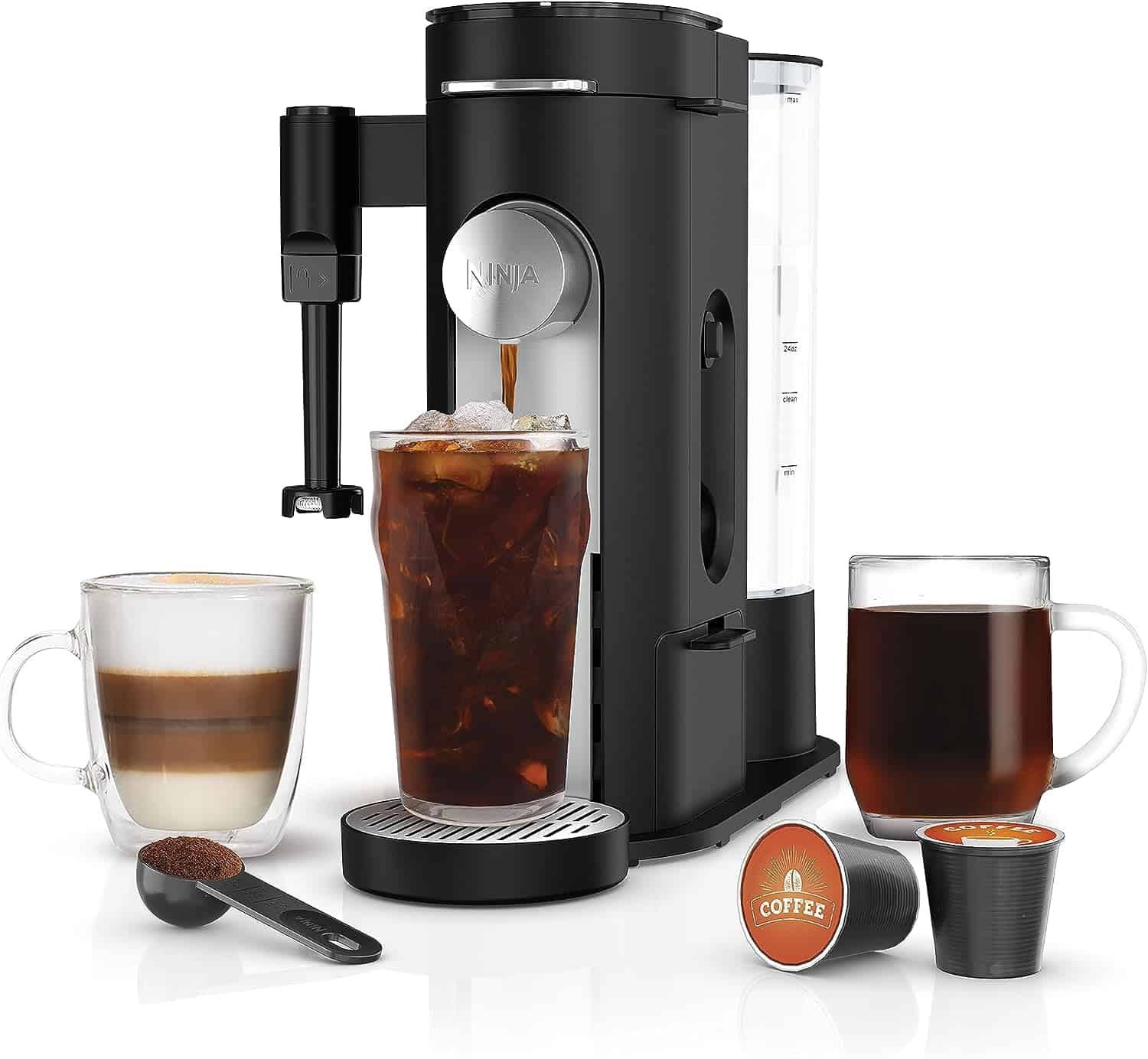 PB051 Coffee Maker: Pods   Grounds, K-Cup Compatible, Milk Frother, 6oz-24oz