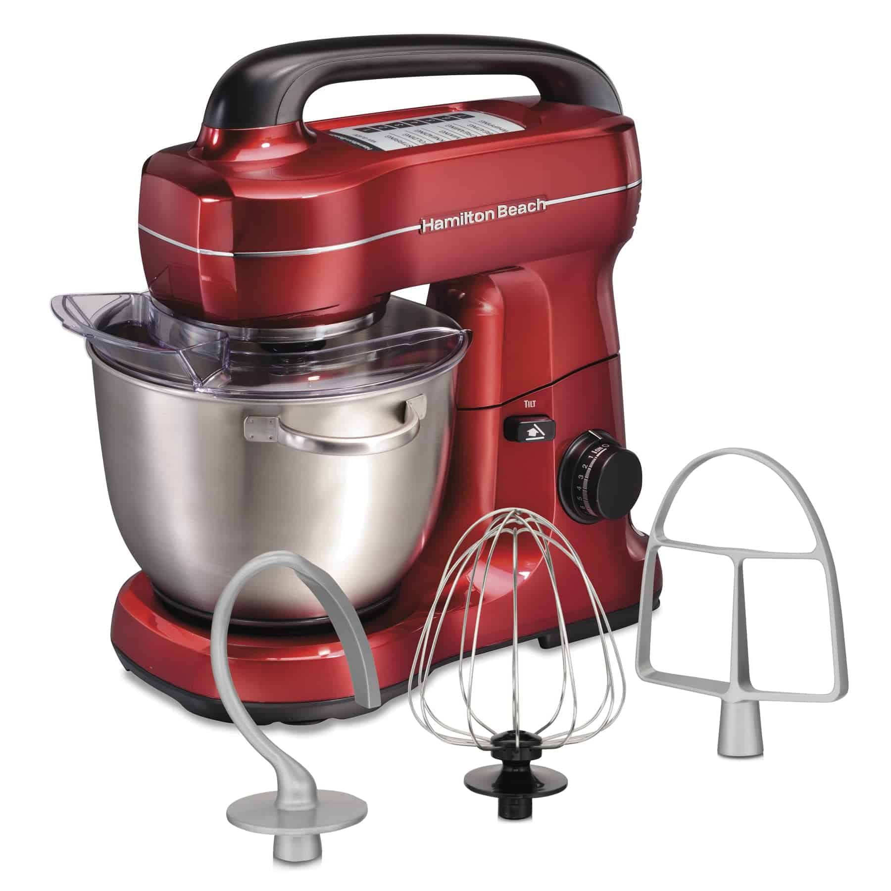 Electric Stand Mixer, 4 Quarts, Dough Hook, Flat Beater Attachments, Splash Guard 7 Speeds with Whisk, Red