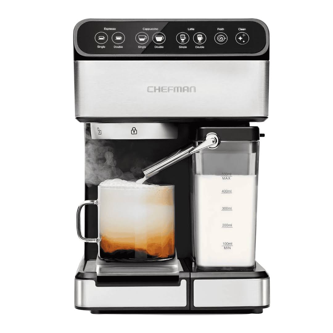 Chefman 6-in-1 Espresso Machine with Built-In Milk Frother, 15-BAR Pump, Stainless Steel
