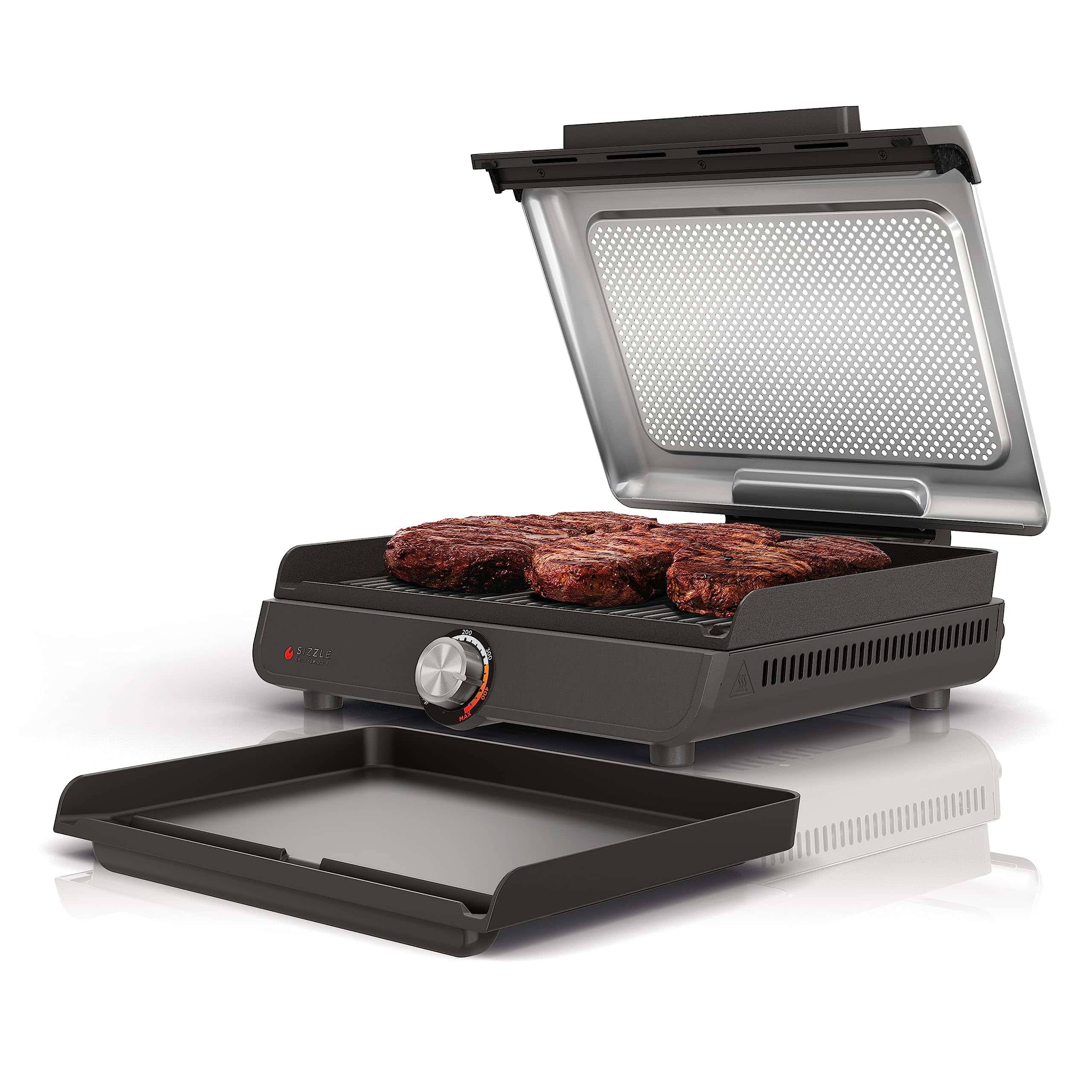 GR101 Sizzle Smokeless Indoor Grill   Griddle, 14  Interchangeable Nonstick Plates, Grey/Silver