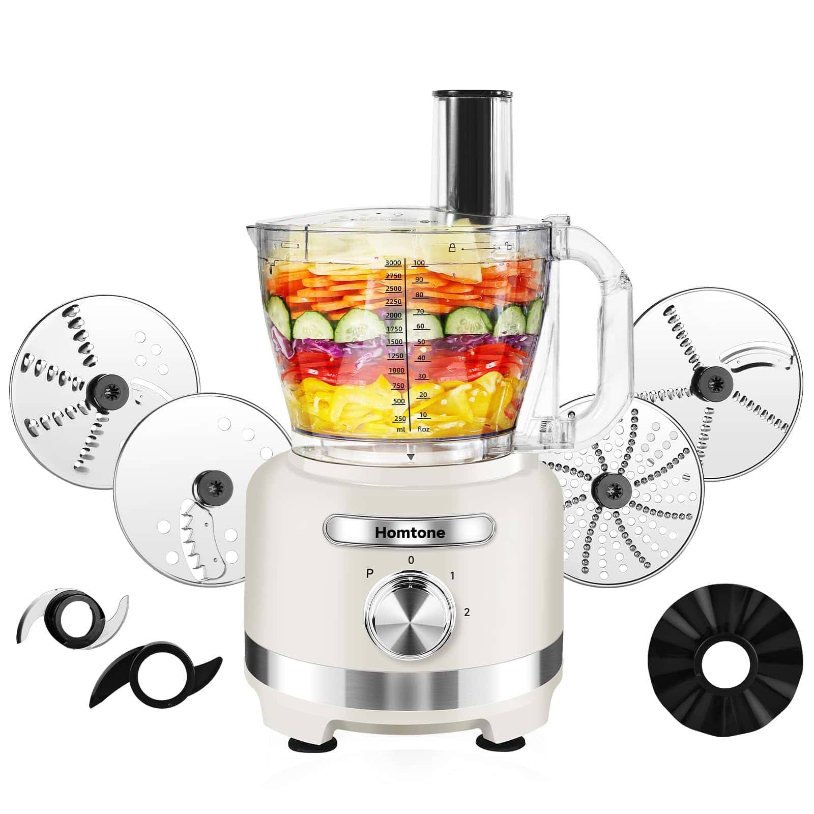 Homtone 16 Cup Food Processor, French-Fry-Cutter Food Processors, 9 Functions 7 Blades, 3 Speeds, 600W, Beige