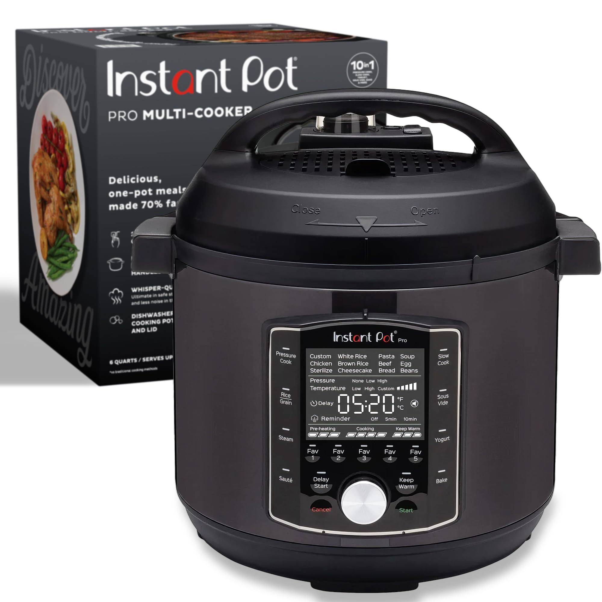 Pot Pro 10-in-1 Pressure Cooker, Slow Cooker, Rice/Grain Cooker, Steamer, Sauté, Black, 6 Quart