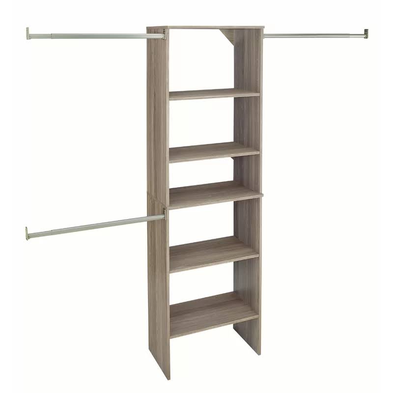 28882 SuiteSymphony Wood Closet Organizer Starter Kit with Tower and 3 Hang Rods, Shelves, Adjustable, Fits Spaces 5 閳 10 ft. Wide, Natural Gray, 25