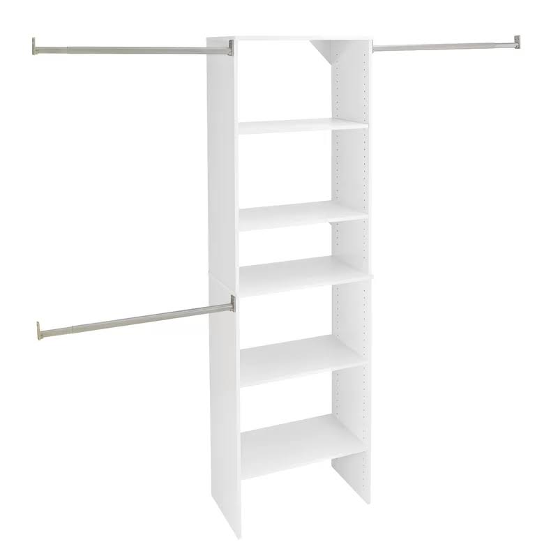 24869 SuiteSymphony Wood Closet Organizer Starter Kit Tower and 3 Hang Rods, Shelves, Adjustable, Fits Spaces 5 閳 10 ft. Wide, Pure White, 25