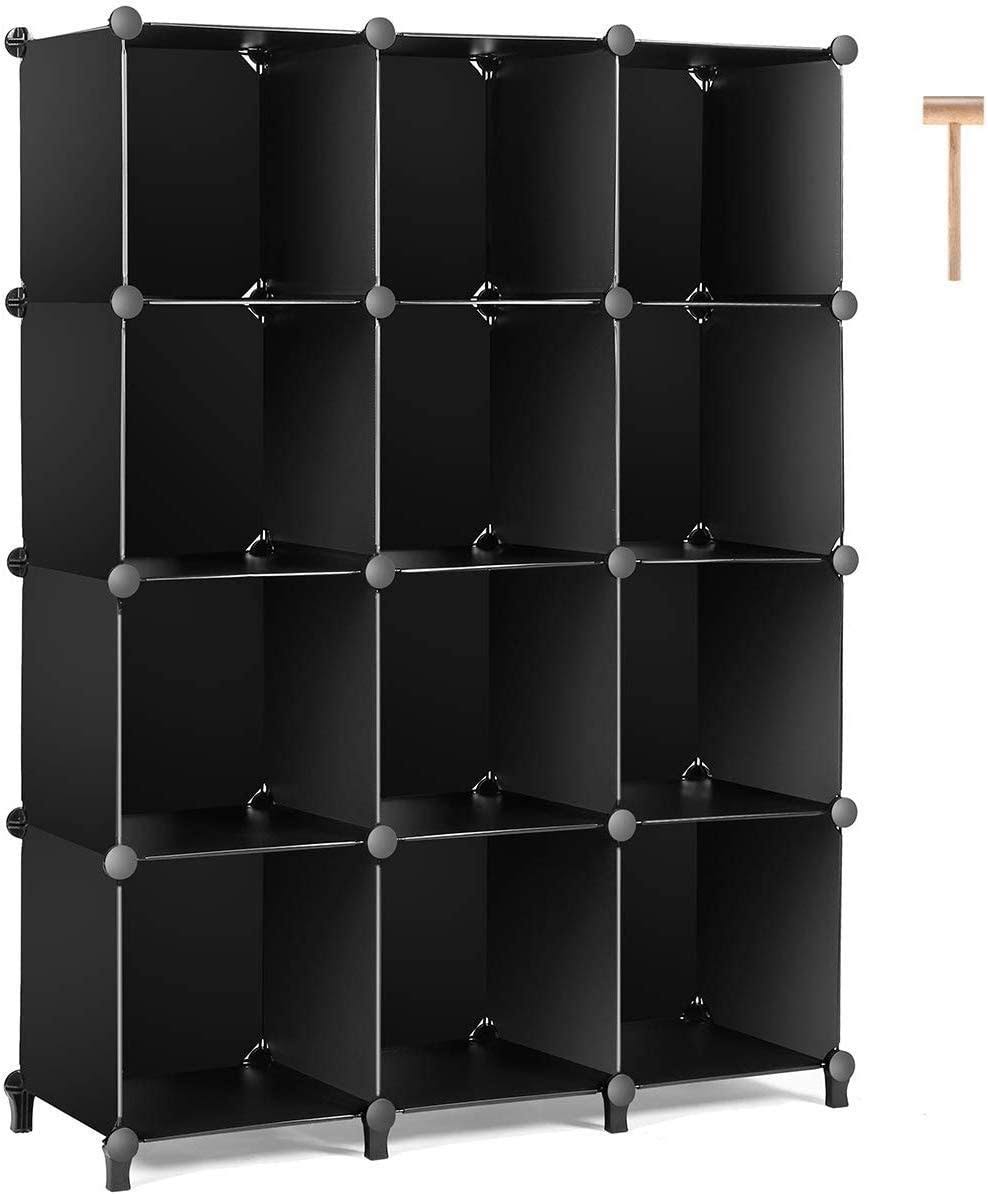 TomCare Cube Storage 12-Cube Bookshelf Closet Organizer Storage Shelves Shelf Cubes Organizer Plastic Book Shelf Bookcase DIY Square Closet Cabinet Shelves for Bedroom Office Living Room, Black
