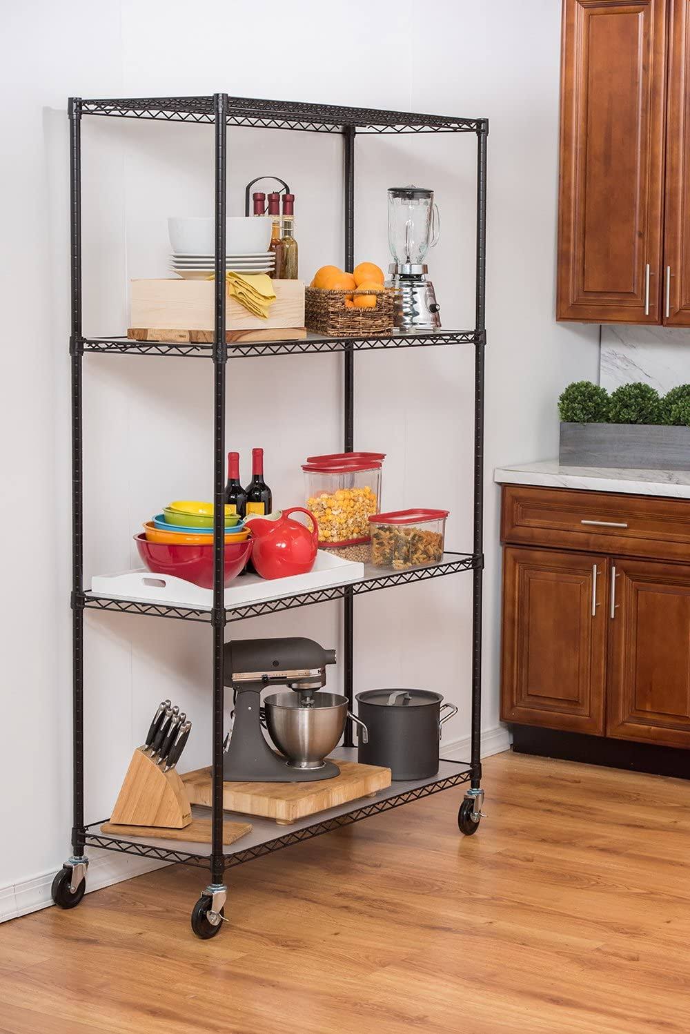 TRINITY 4-Tier Wire Shelving Rack, 48閳 x 18閳 x 72閳, NSF, Includes Wheels and Liners, Black