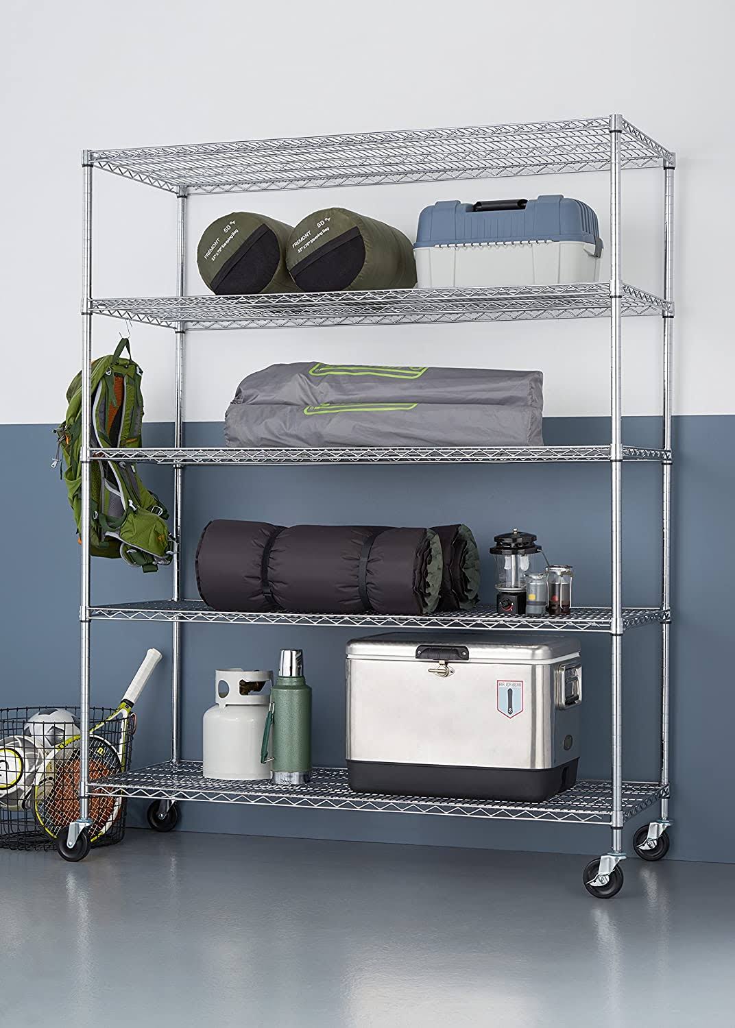 TRINITY 5-Tier Heavy Duty Wire Shelving Rack, 60  x 24  x 72  NSF, Includes Wheels, Chrome