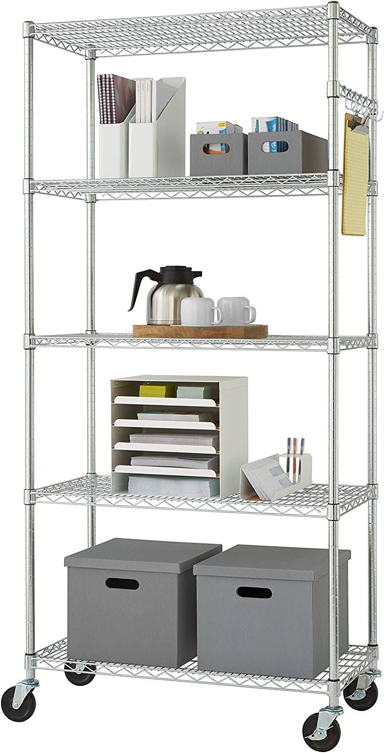 TRINITY EcoStorage 5-Tier Wire Shelving Rack with Wheels , 36  x 18  x 72  NSF, Chrome