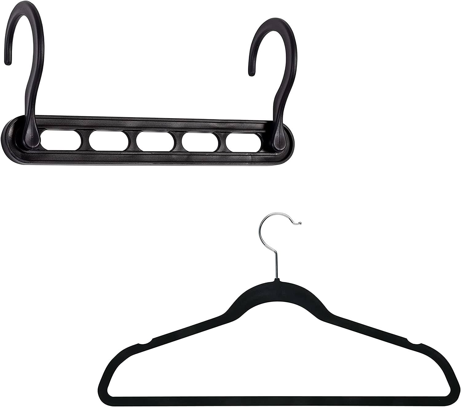 Set of 5 Collapsible Hangers and 50 Velvet Non-Slip Hangers, Black
