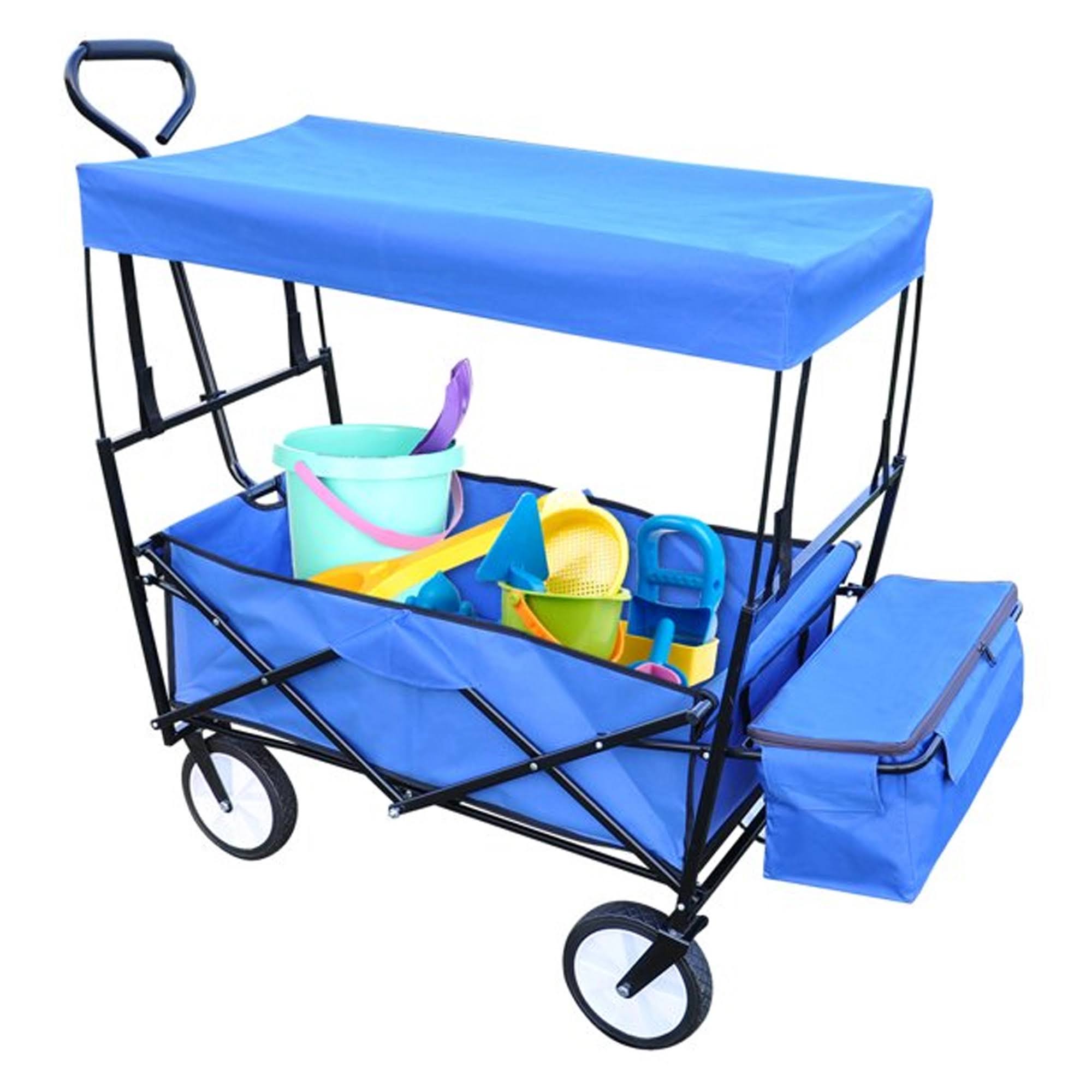 Collapsible Wagon Folding Cart with Canopy Beach Garden Outdoor Sport Utility Cart Wheels Adjustable Handle Rear Storage, Blue 49.2 x 20.5 x 45.27 inches