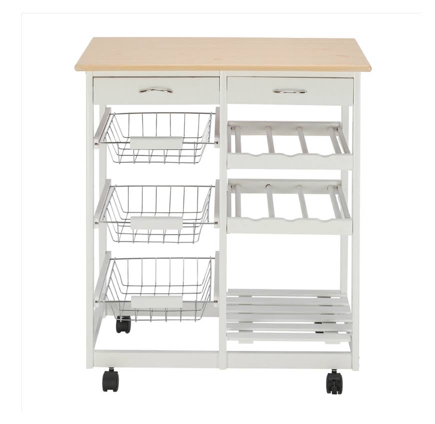 Moveable Kitchen Cart with Two Drawers   Two Wine Racks   Three Baskets White YJ