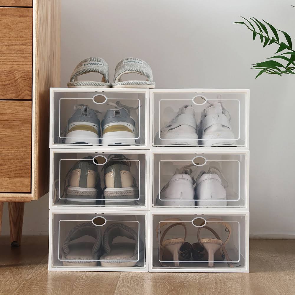 Foldable Shoe Box, Stackable Clear Shoe Storage Box   Storage Bins Shoe Container Organizer, 12 Pack   White 13.4 x 9.1 x 5.5