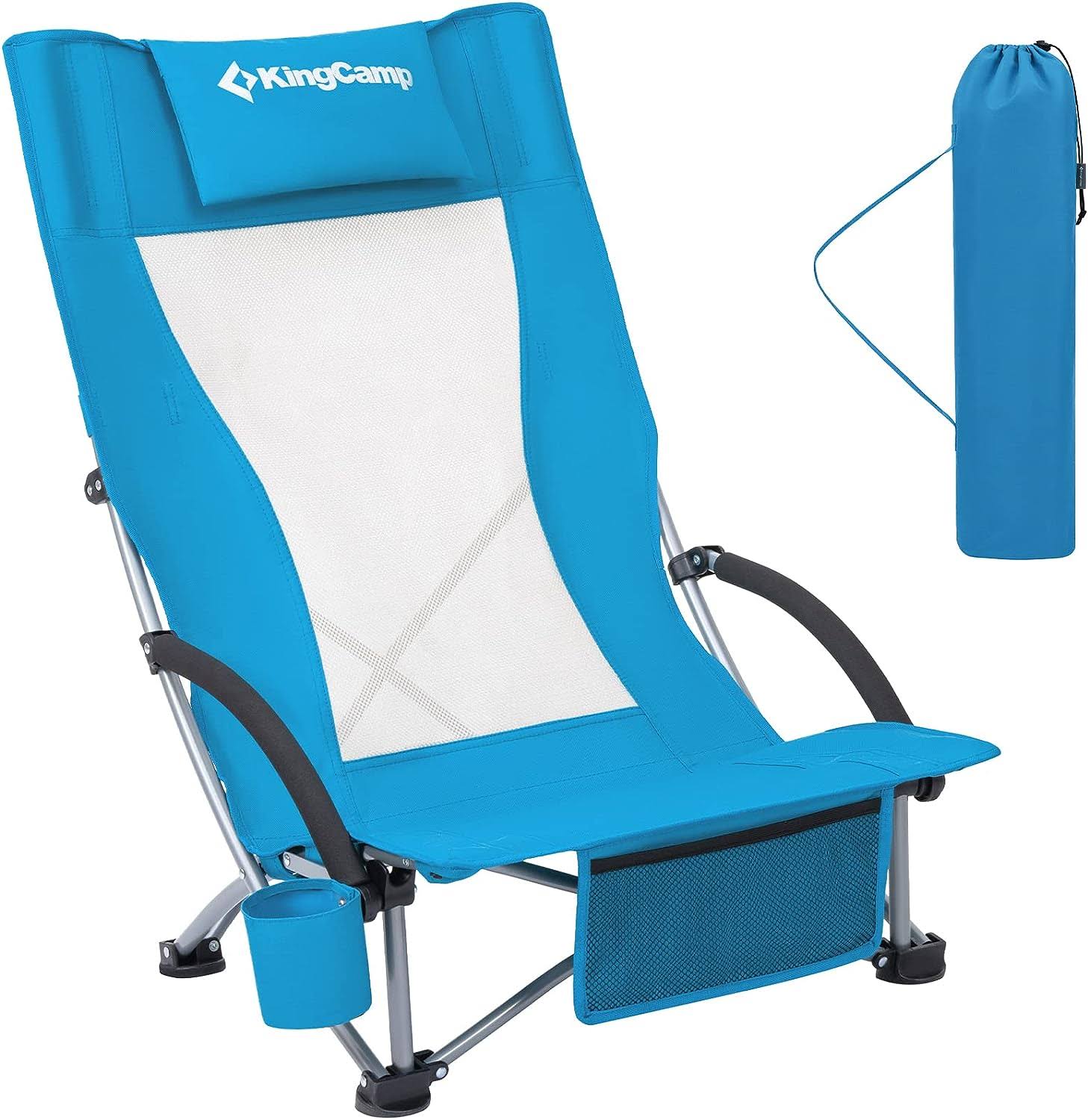 KingCamp Low Sling Beach Chairs,Folding High Mesh Reclining Back Chair for Adults with Headrest,Cup Holder,Carry Bag Padded Armrest for Sand Camping Lawn Concert Travel Festival