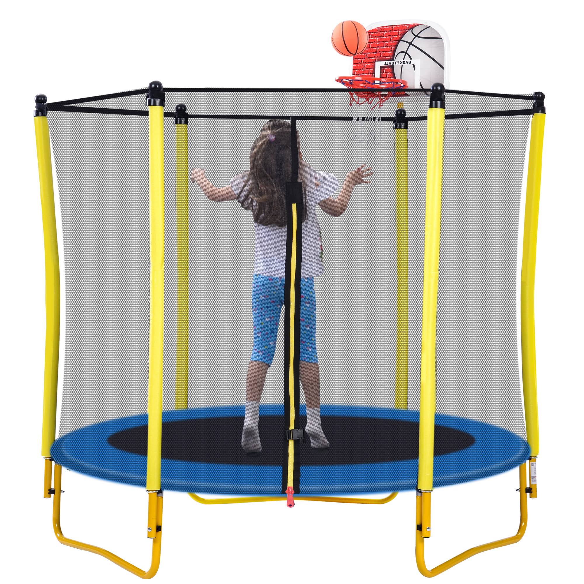 EUROCO 220LBS 5.5FT Trampoline for Kids   65  Outdoor   Indoor Mini Toddler Trampoline with Enclosure, Basketball Hoop and Ball Included