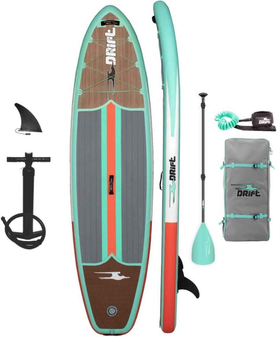 Drift Aero 10 8  Inflatable Stand Up Paddle Board iSUP with Coiled Leash Pump Lightweight Paddle Fin   Backpack Travel Bag Adults Kids Family Friendly (Classic Woodgrain)