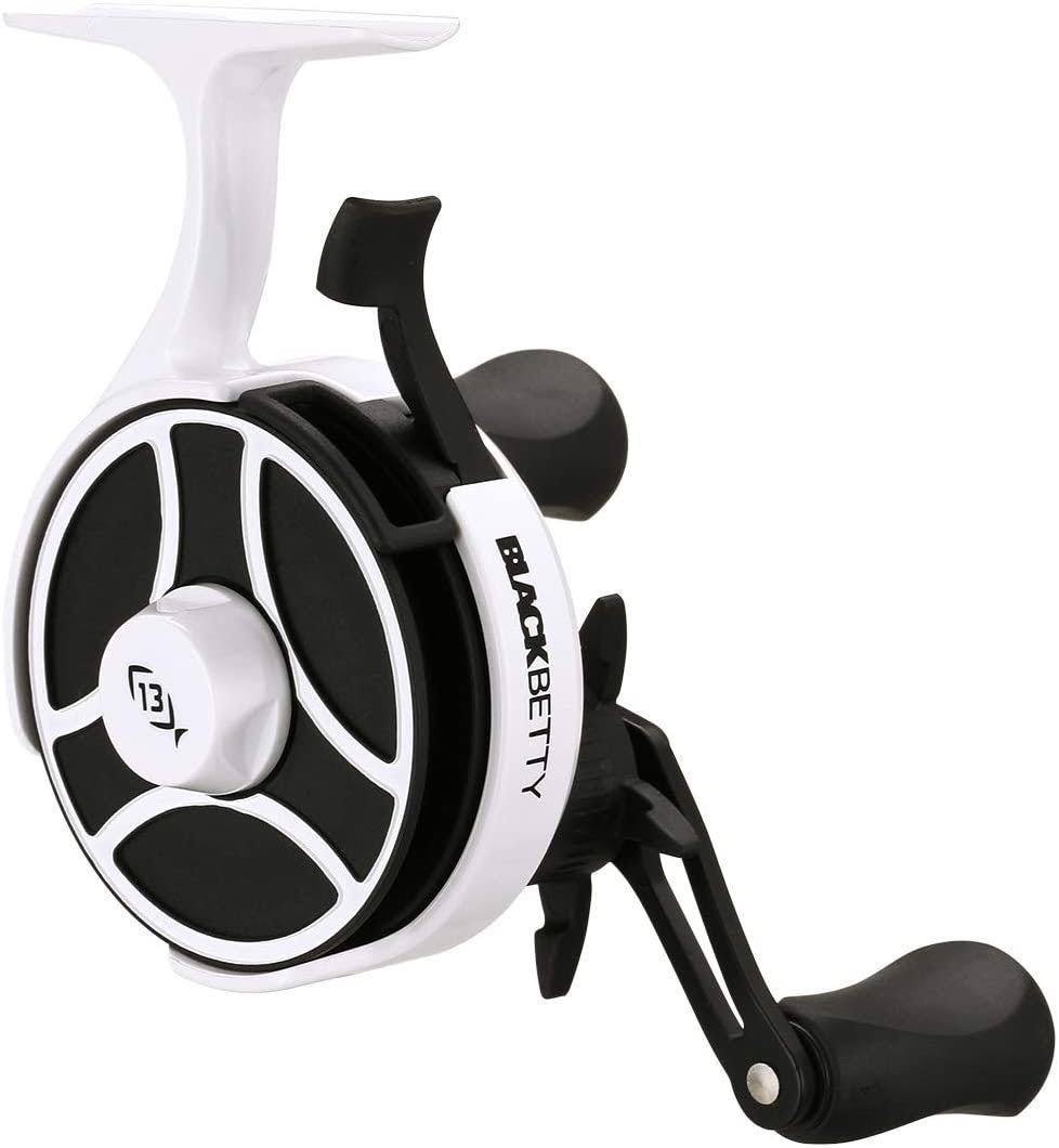 13 Fishing Black Betty FreeFall Ghost Window Inline Ice Fishing Reel, White (Left Hand Retrieve)