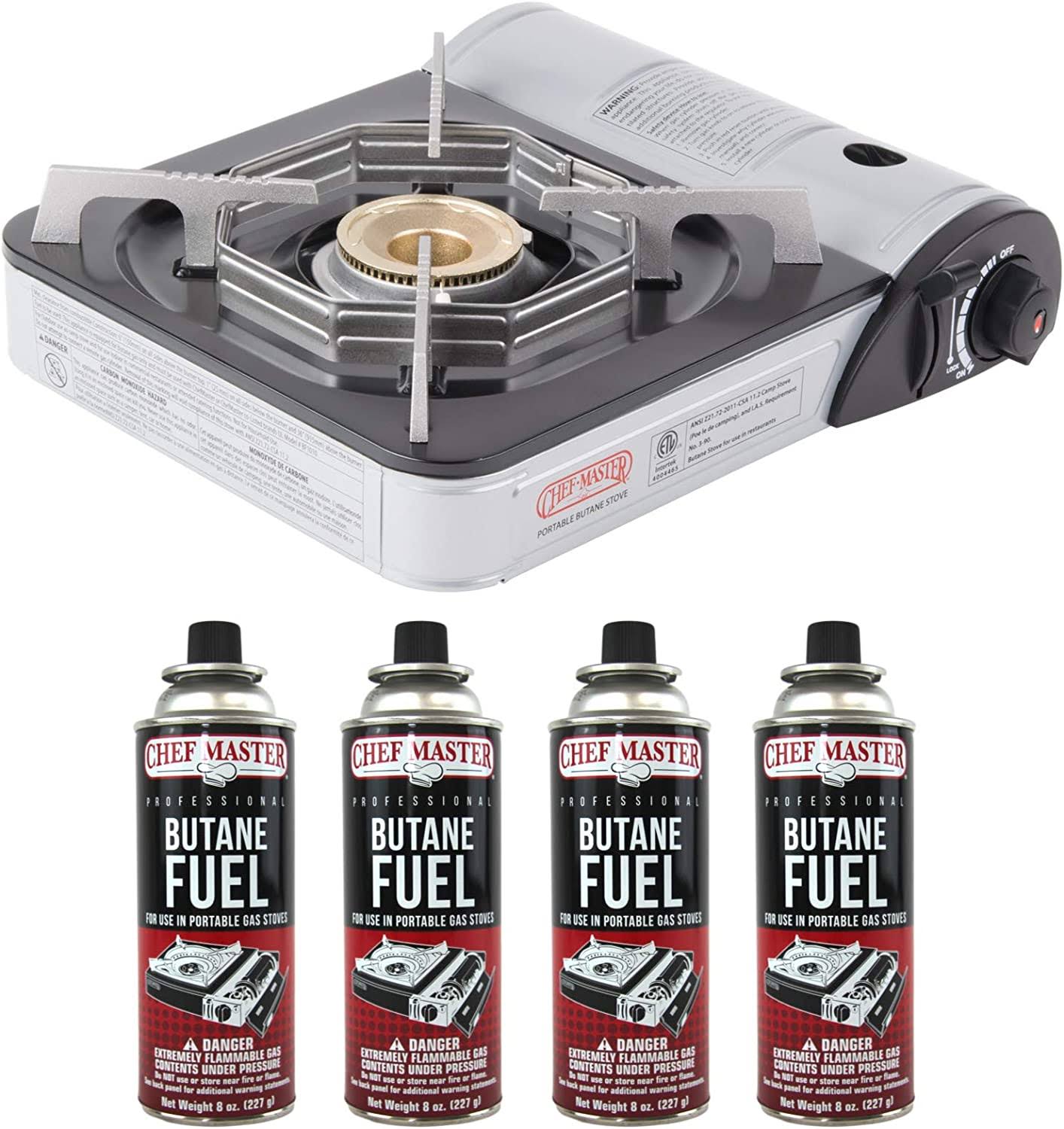 CHEF MASTER 90011 Portable Butane Stove | 10,000 BTU Outlet | Single Burner Camp Stove + 4 Fuel Canisters