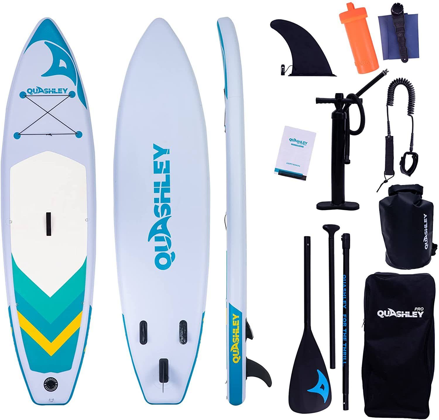 Quashley Inflatable Stand Up Paddle Board 11 x 33 x 6  with SUP Accessories, Bottom fins, Non-Slip Deck, Backpack, Wide Stance, Hand Pump, Leash, Premium Surfing Board