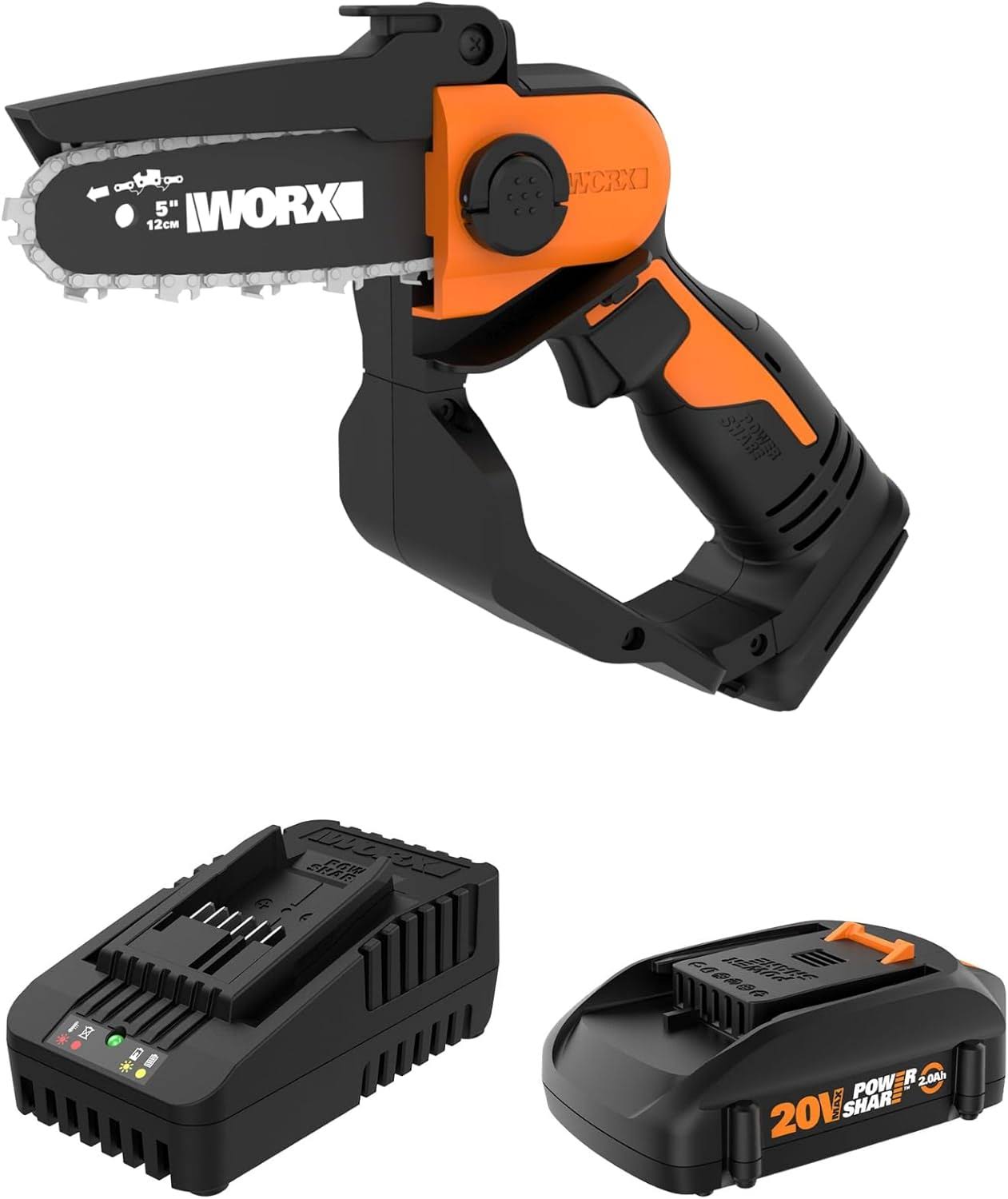 20V 5  Mini Chainsaw Cordless 3.9 lbs., Electric Chainsaw 22 ft/s Chain Speed, Power Share Battery Chainsaw, Purning Saw with Upper Safety Guard   Hand Guard WG324 閳 Battery   Charger Included