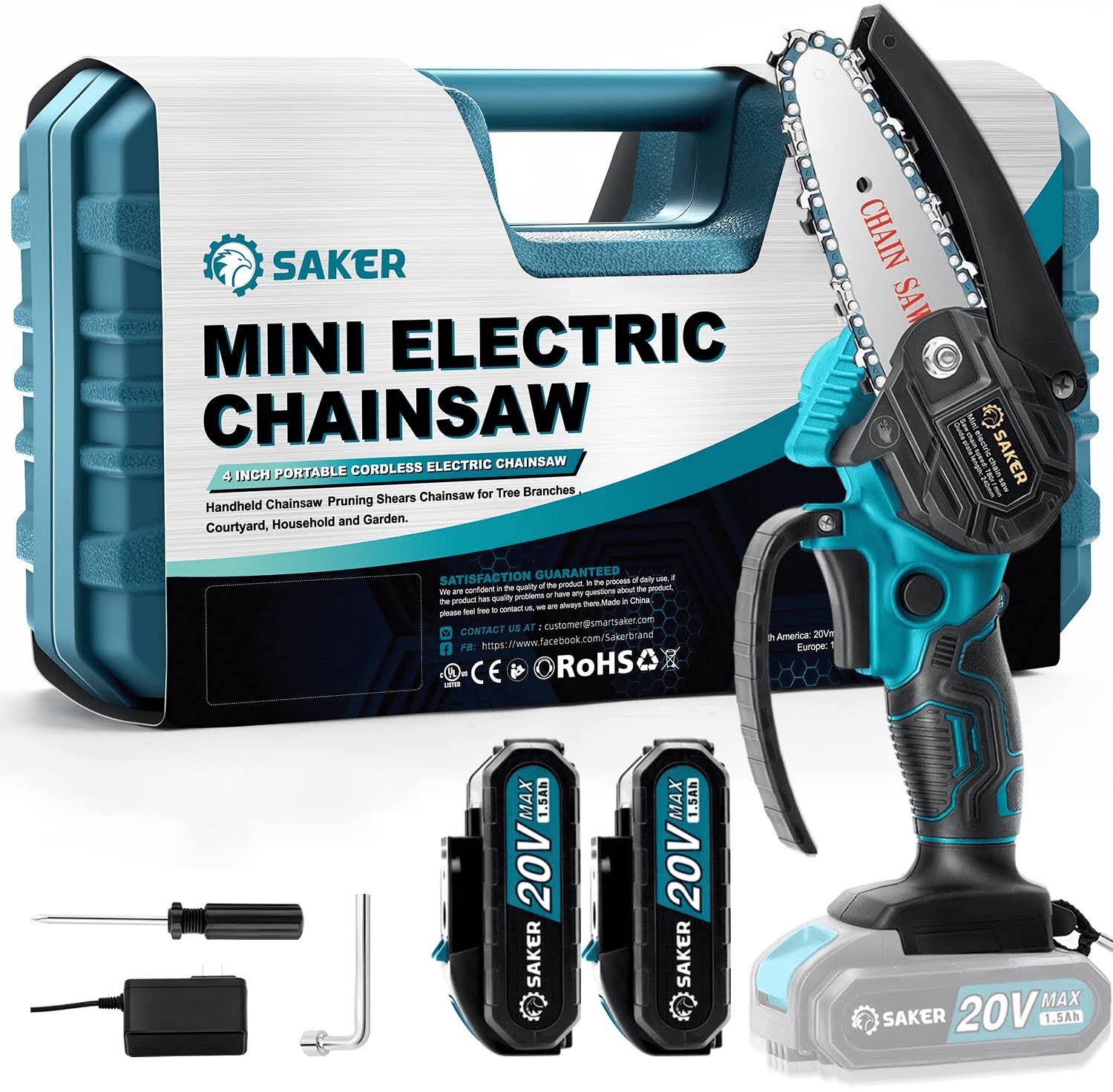 4 Inch Mini Chainsaw, Portable Electric Chainsaw Cordless, Handheld Chain Saw Pruning Shears Chainsaw for Tree Branches , Courtyard, Household   Garden( Chainsaw + 2 Batteries)